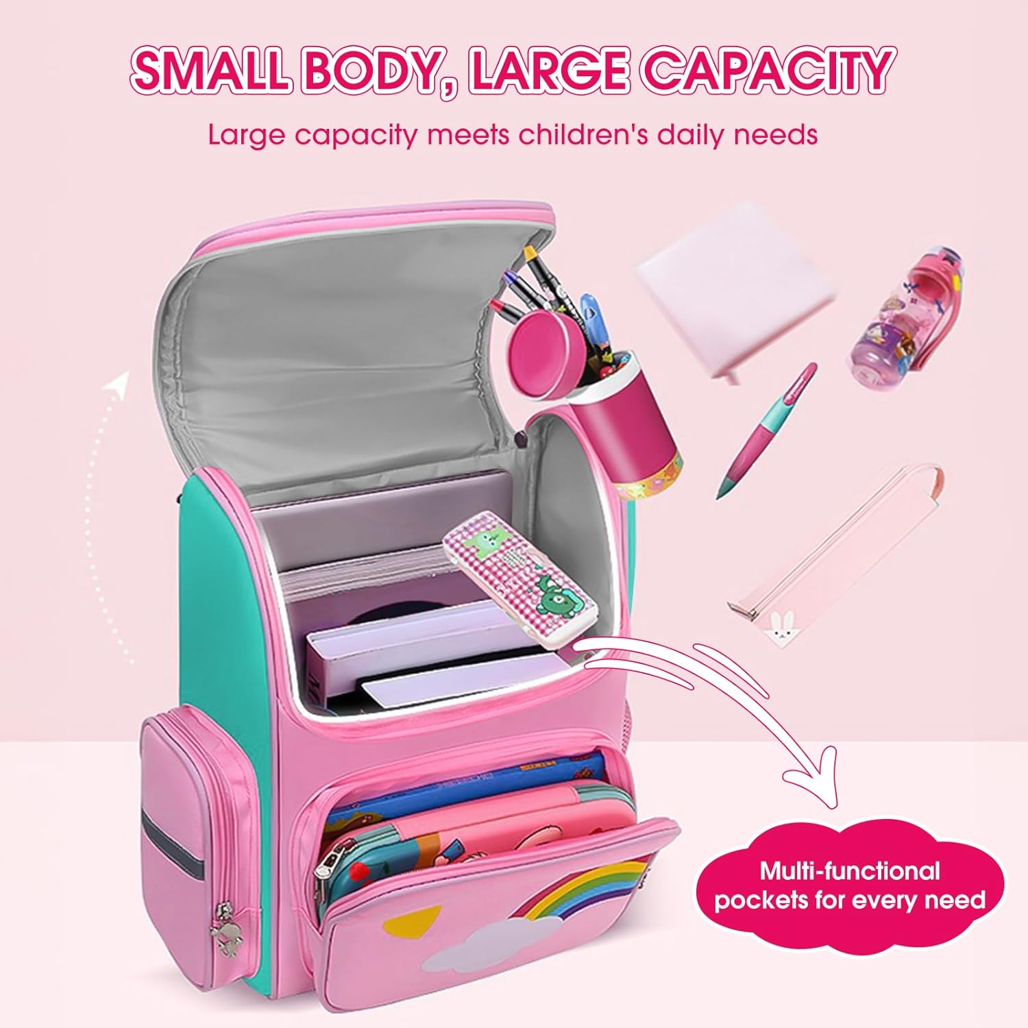 Queenshin Rainbow Kids Backpack for Girls with Compartments Elementary Bookbag, Cute Unicorn Large Capacity School Backpack image number 3