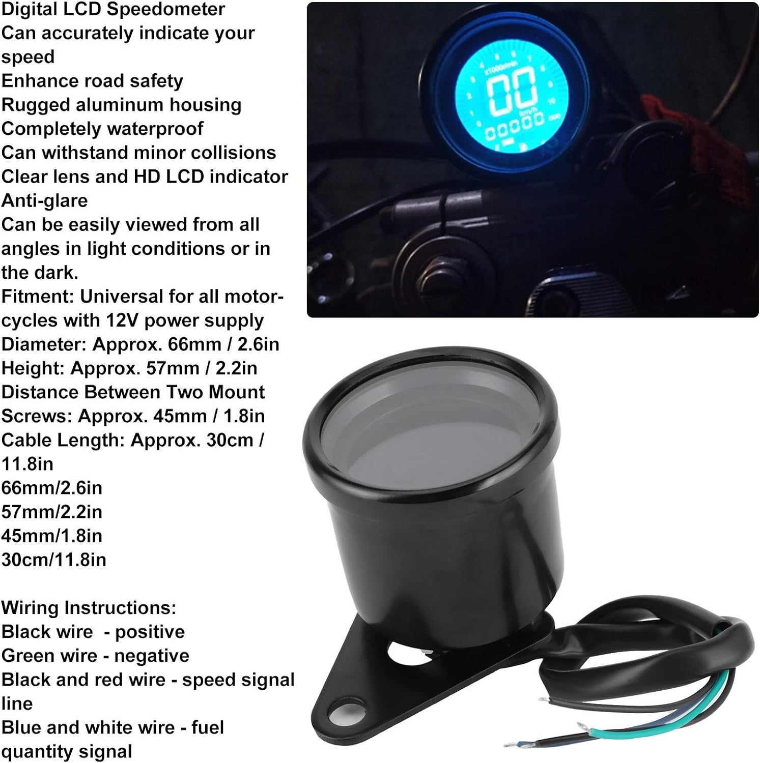 Motorcycle Multifunctional Meter, DC12V Aluminium Alloy 0-199KMH Tachometer Odometer Fuel Gauge Speedmeter 4 in 1 Universal Waterproof anti Glare 7 Colors LCD Digital Gauge (Black) image number 2