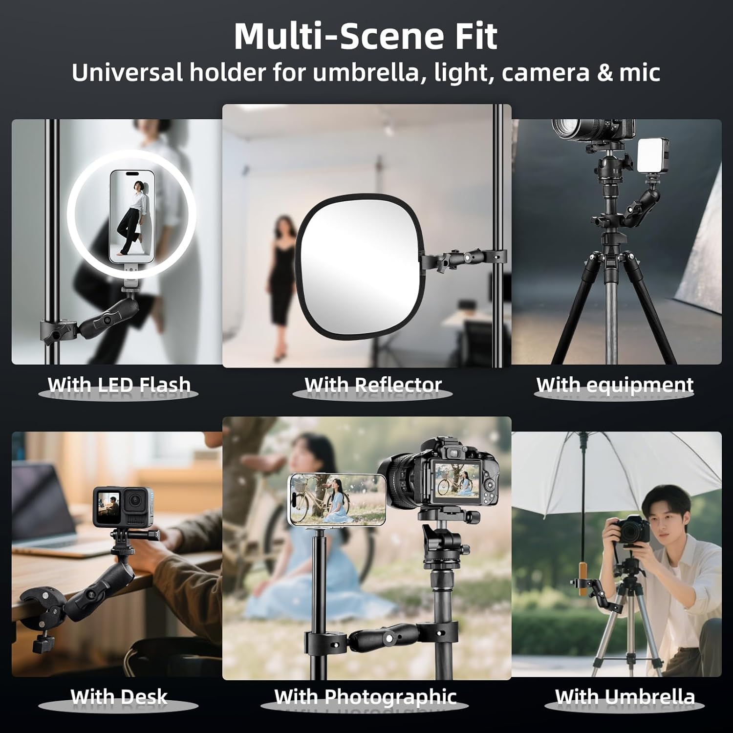 BRDRC Double Clamp Mount Umbrella Holder Camera Pole Holder for Pushchair Wheelchair Monitor Magic Socket Arm Desk Photo Studio Light Stand Photography Reflector Flag Crossbar image number 1