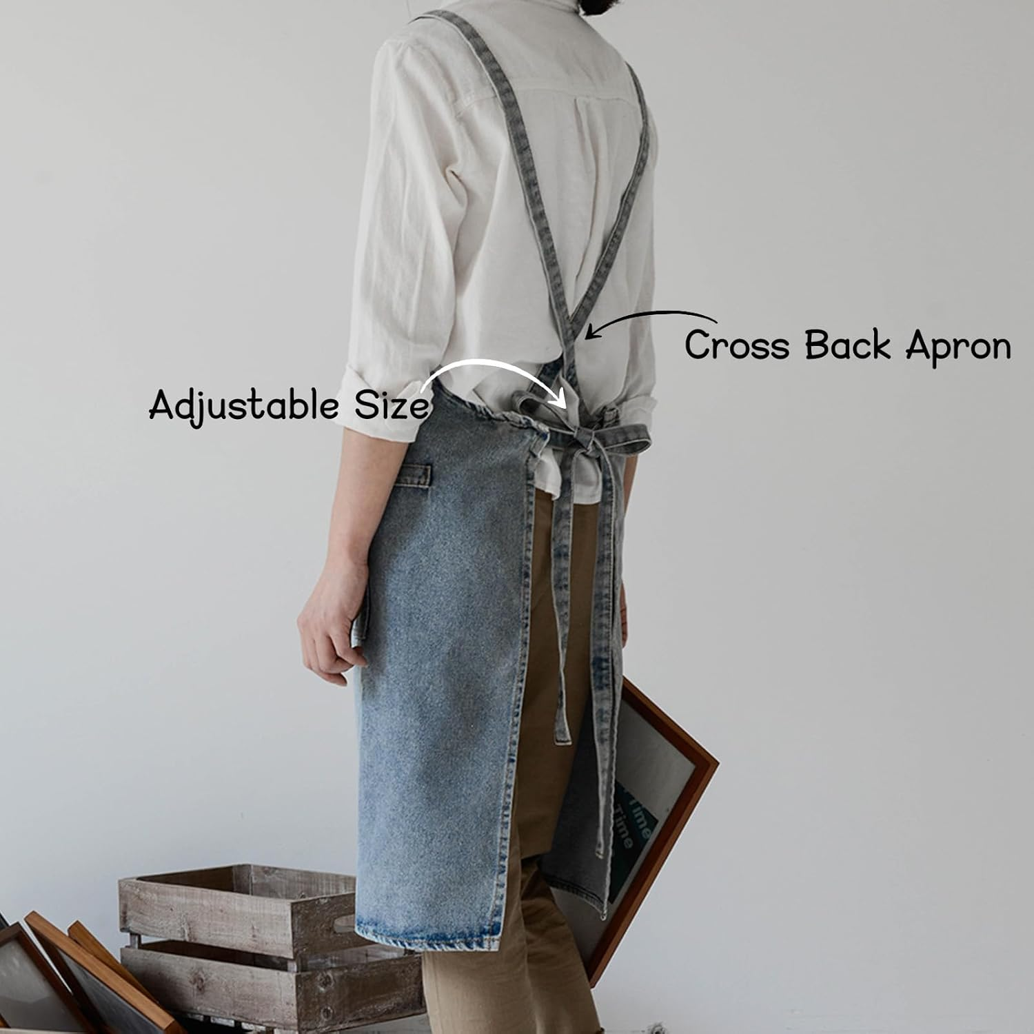 Surblue Cotton Denim Apron with Pockets Adjustable Jean Apron for Man Woman for Kitchen, BBQ, Garden, Workshop image number 5