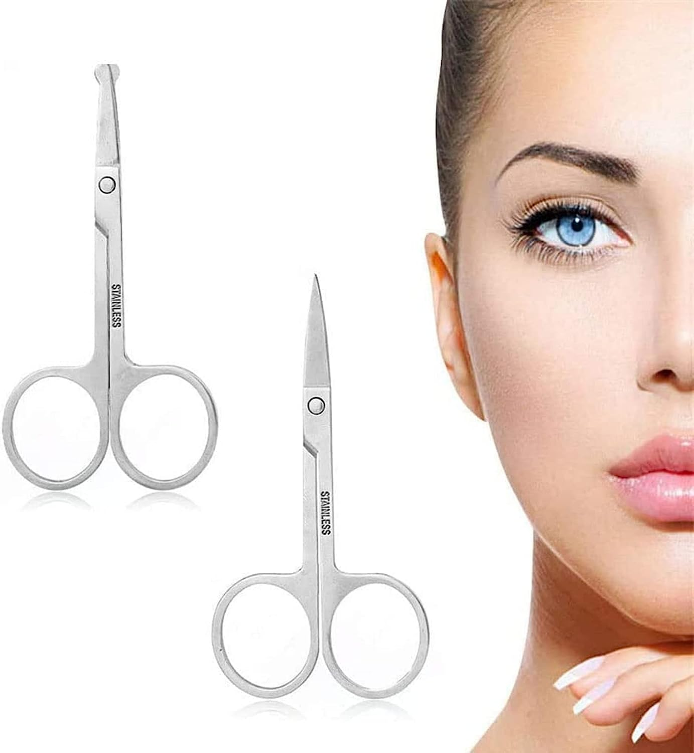TAVVKE 2 Pack Facial Grooming & Nose Hair Scissors - 1 Curved Blade Tip & 1 Safety Blunt Rounded Tip - Perfect Facial Set for Trimming Moustache, Beard, Nose, Ears, Eyebrow (Silver) image number 2