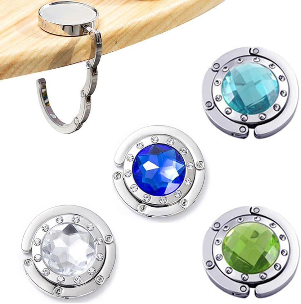 3 PCS Foldable Purse Hook Floding Handbag Hanger Premium Women'S Rhinestone Bag round Holder for Table Desk (Silvery)