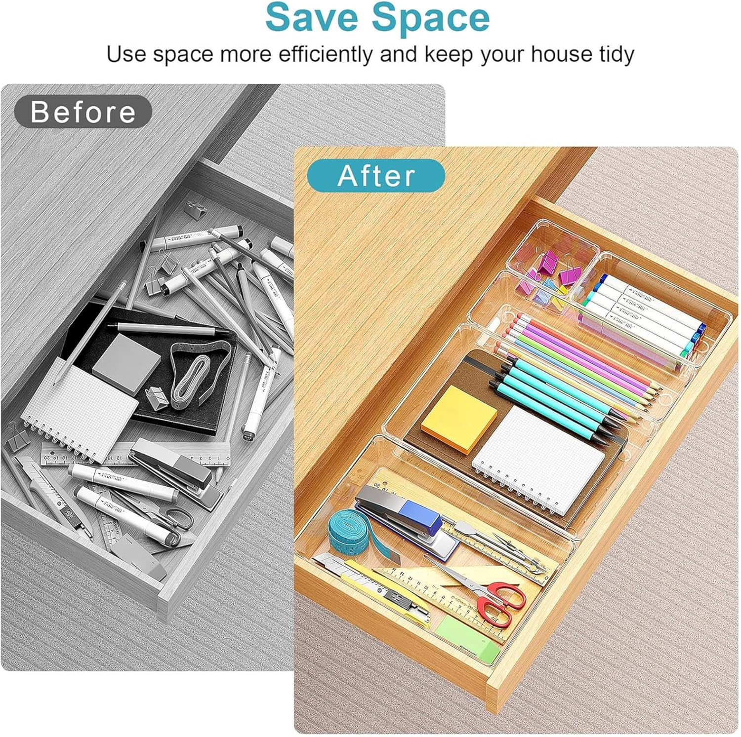 Clear Plastic Drawer Organizers Set Bathroom and Vanity Drawer Organizer Trays Storage Bins Containers for Makeup Bedroom Office (44PCS) image number 2