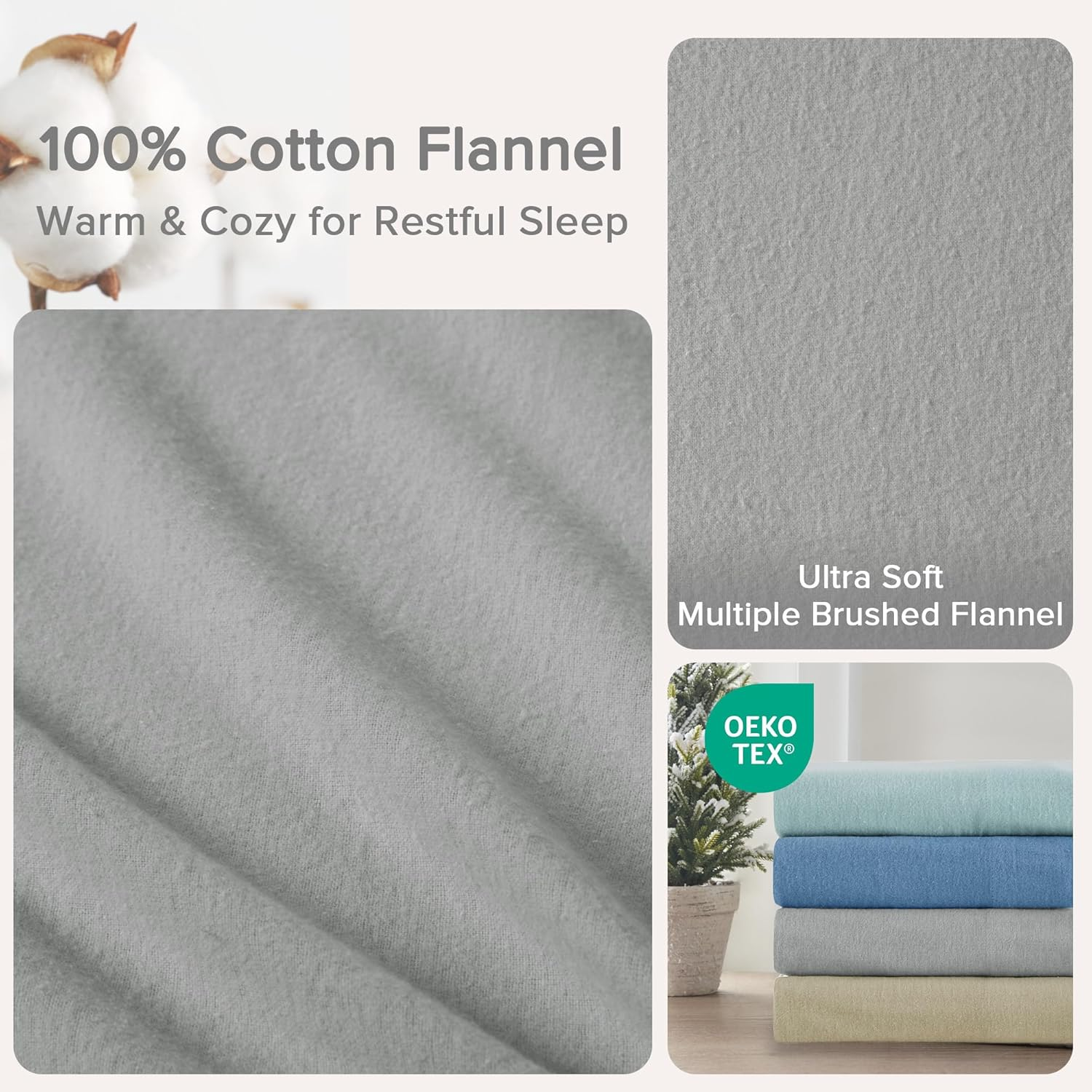 Comfort Spaces Cotton Flannel Breathable Warm Deep Pocket Sheets with Pillow Case Bedding, Twin, Solid Grey, 3 Piece - Solid Blue image number 3