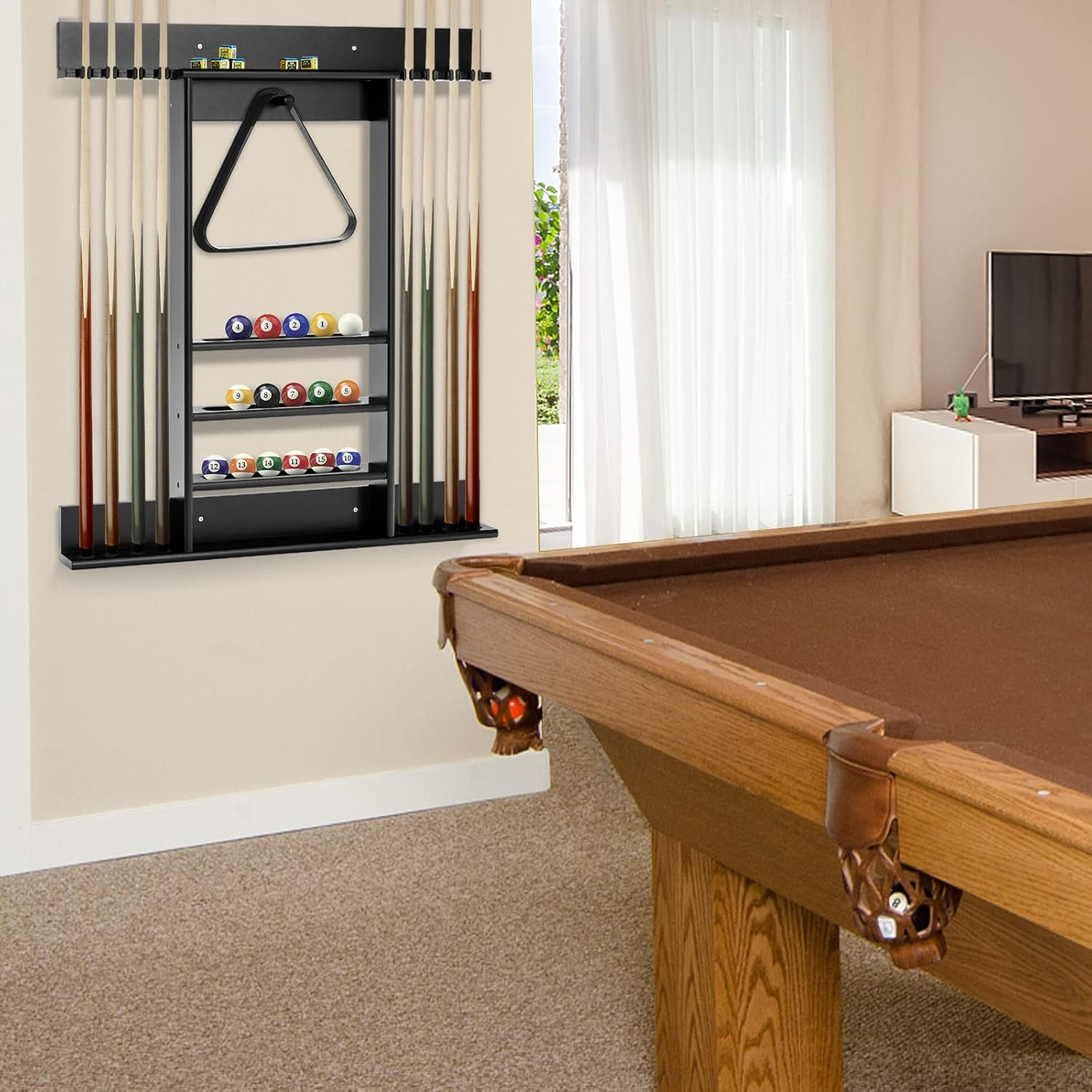 Costway Billiards Pool Cue Rack Only, Wall Mounted Billiard Stick Holder, Made of Solid Pine Wood, Holds Cues, Billiard Balls, Ball Rack, Compact Billiards Equipment for Billiard Room, Club image number 1