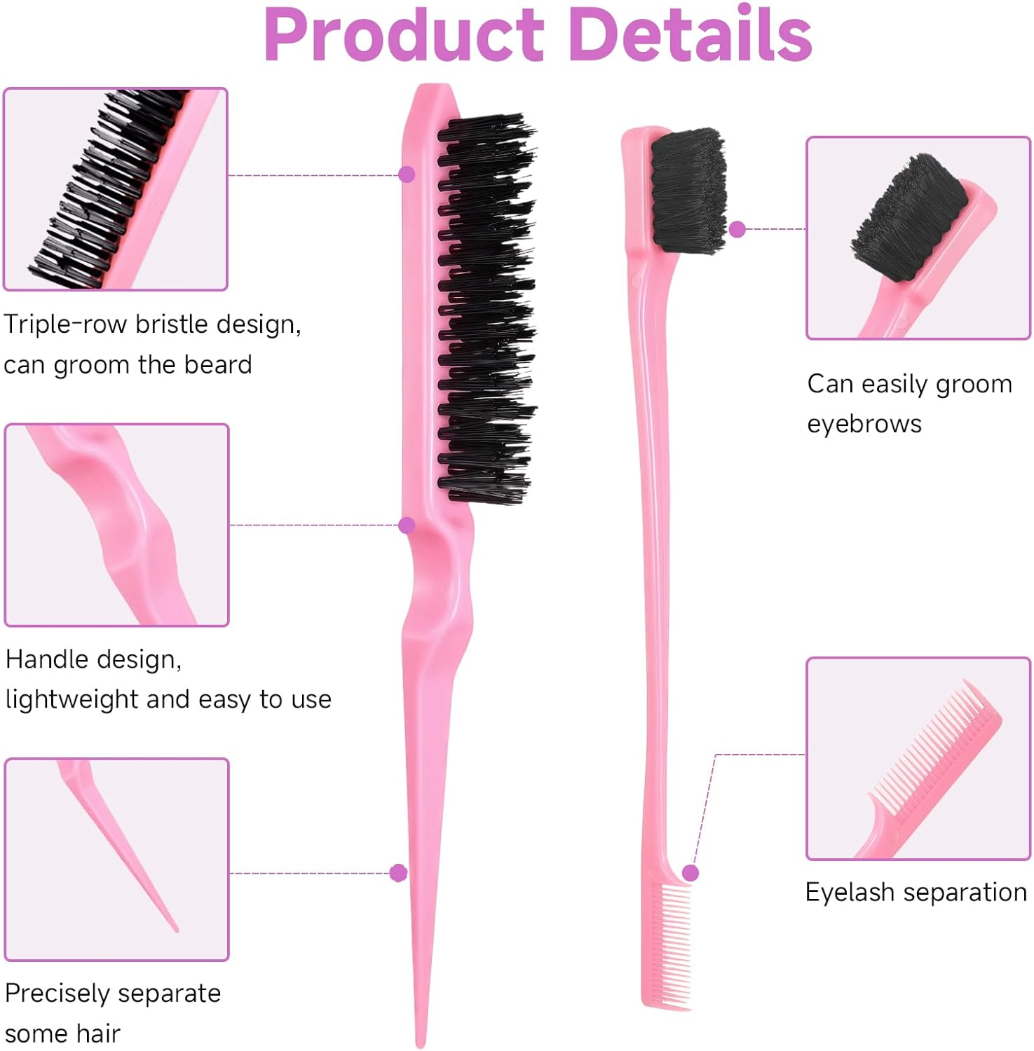 Teccfly 10Pcs Hair Brush Set - Braiding Kit & Hair Supplies,Topsy Tail Hair Tool,Edge&Back&Teasing Brush Rat Tail Comb Styling Tools for Women (Pink) image number 6