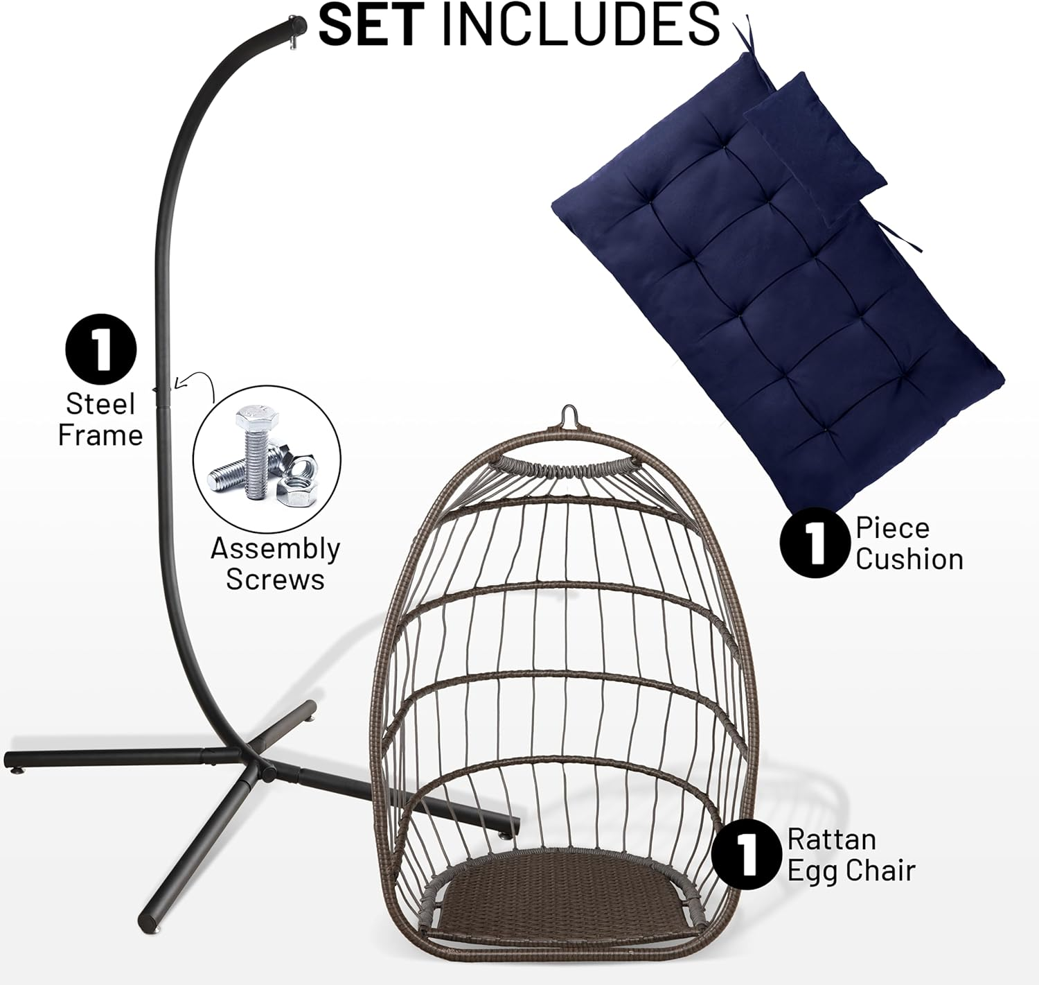 Serenelife Hanging Egg Chair with Stand - up to 250 Kg of Capacity - Beautiful Swinging Basket Chair with Base Made from Wicker Rattan and Powder-Coated Steel Frame - Egg Swing Chair with Stand - Deep Blue image number 3