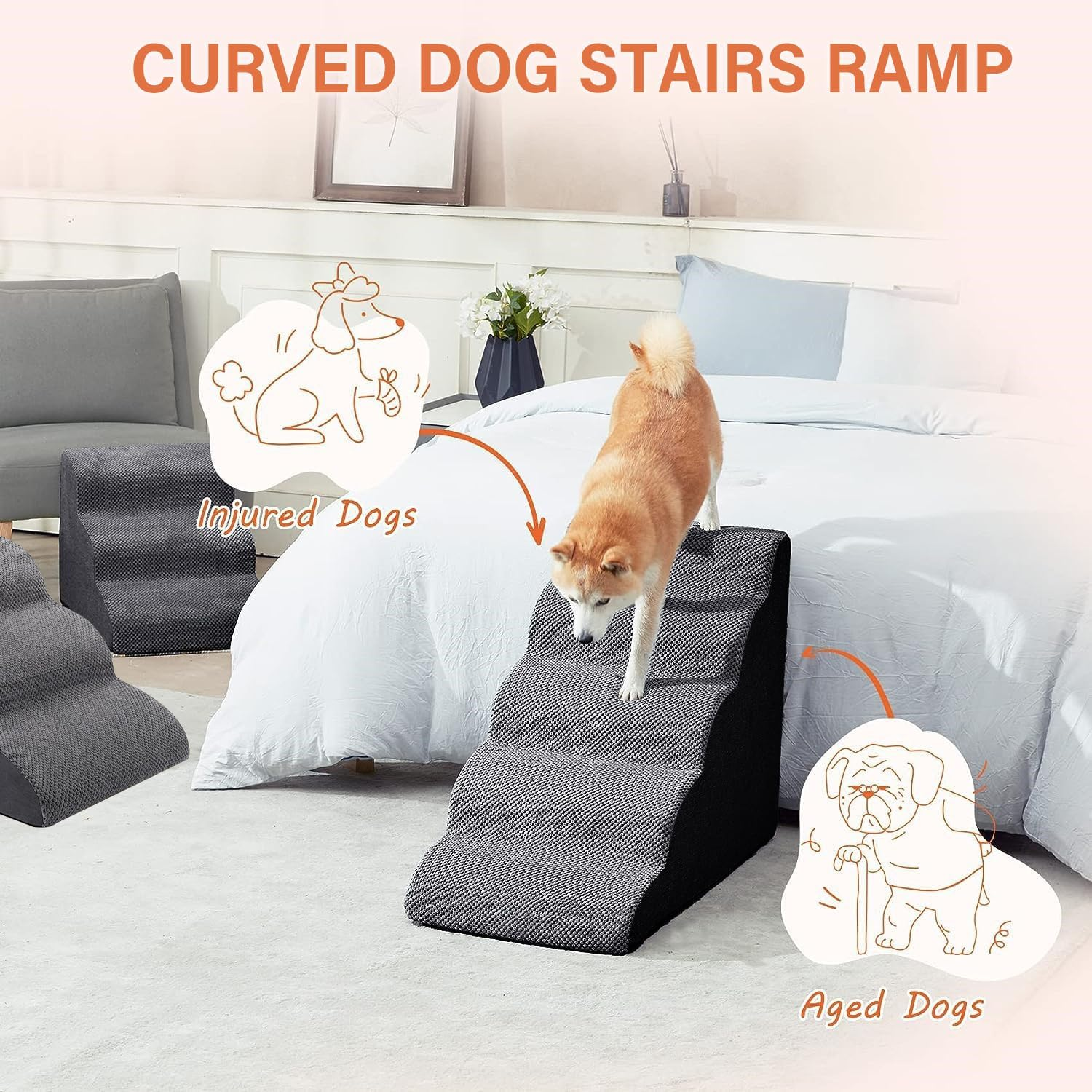 Curved Dog Stairs Ramp, 5 Steps Spliceable Dog Stair, 58Cm Height Pet Stairs for High Bed 28" H Climbing, 35D Foam Non-Slip Bottom Pet Step Indoor & Outdoor Multi-Use with Removable & Washable Cover image number 3
