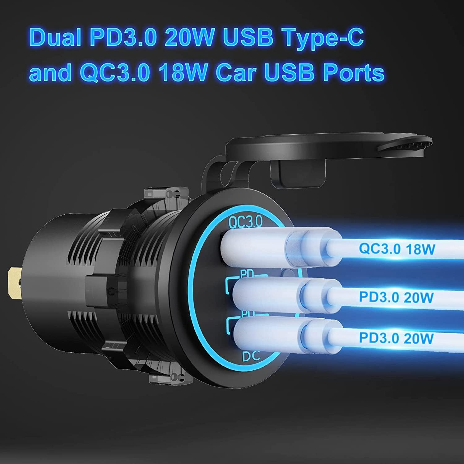 Dual PD USB-C Car USB Port Socket with Power Switch Fast Charge Black for Car Boat RV Marine ATV