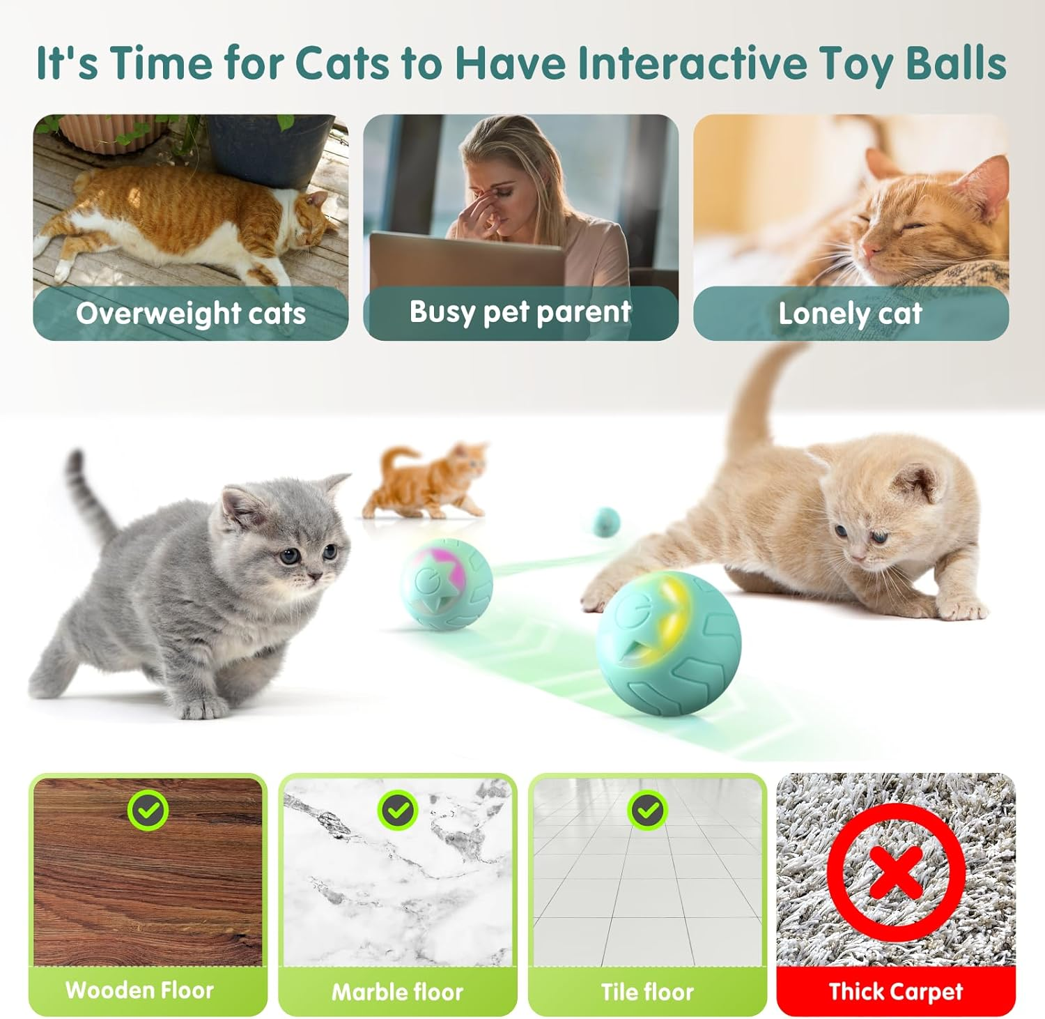 Interactive Cat Toy Ball, Baytion Cat Balls Automatic Moving Rolling Cat Toys for Indoor Cat Kitten, with 2 Modes, LED Lights Changeable, Type-C Rechargeable, Mintgreen image number 3