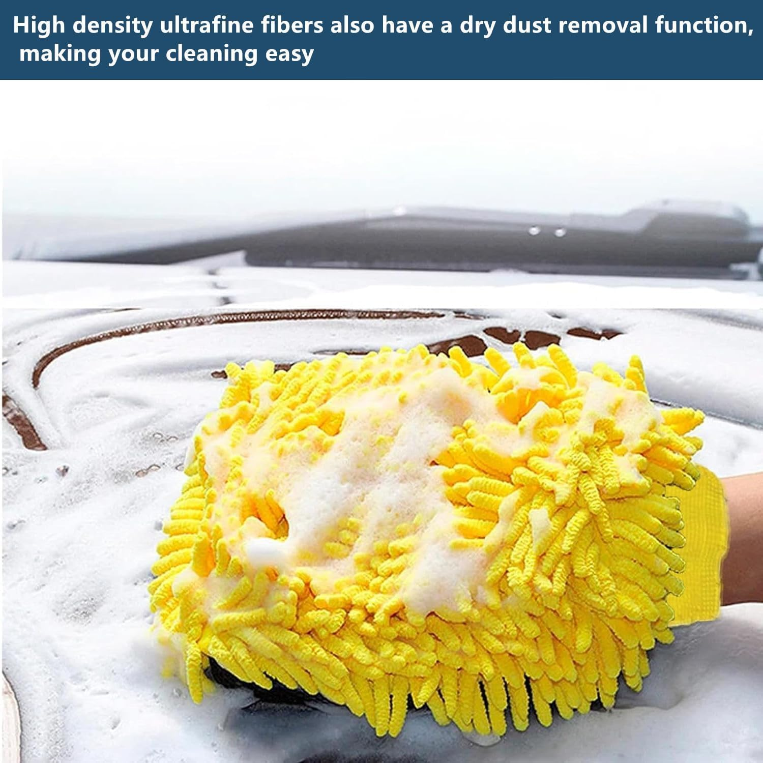 2 Pcs Car Wash Mitt Double Sided Soft Microfiber Glove Machine Washable Chenille Durable for Cleaning(Blue & Yellow) image number 2