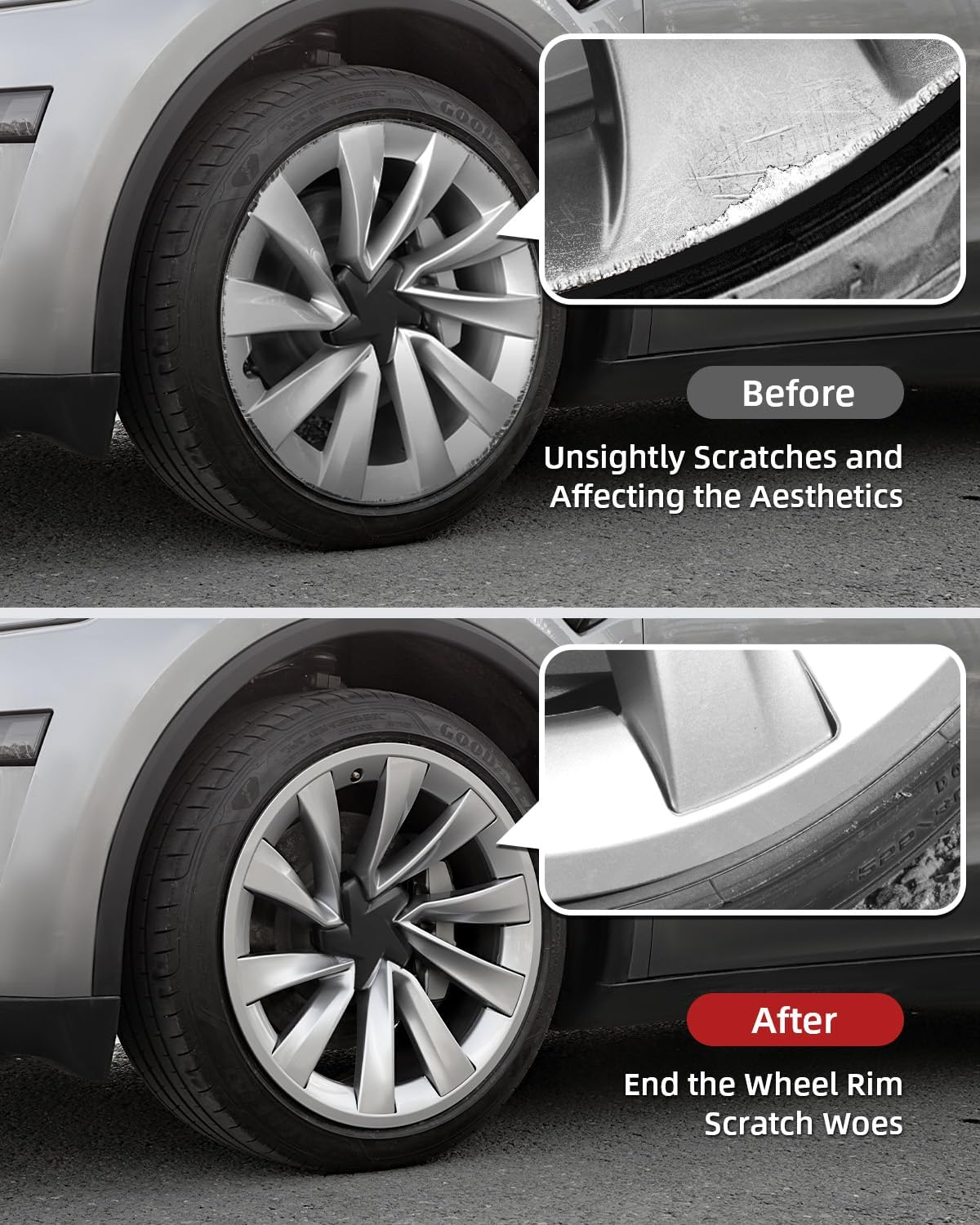 EVOOOR Model Y All-In-One Wheel Rim Protector for Tesla Model Y Juniper 20" Helix Wheel- Strips for Curb Rash Prevention Wheel Rim Protector Easy to Install (Sliver,4Pcs) image number 6