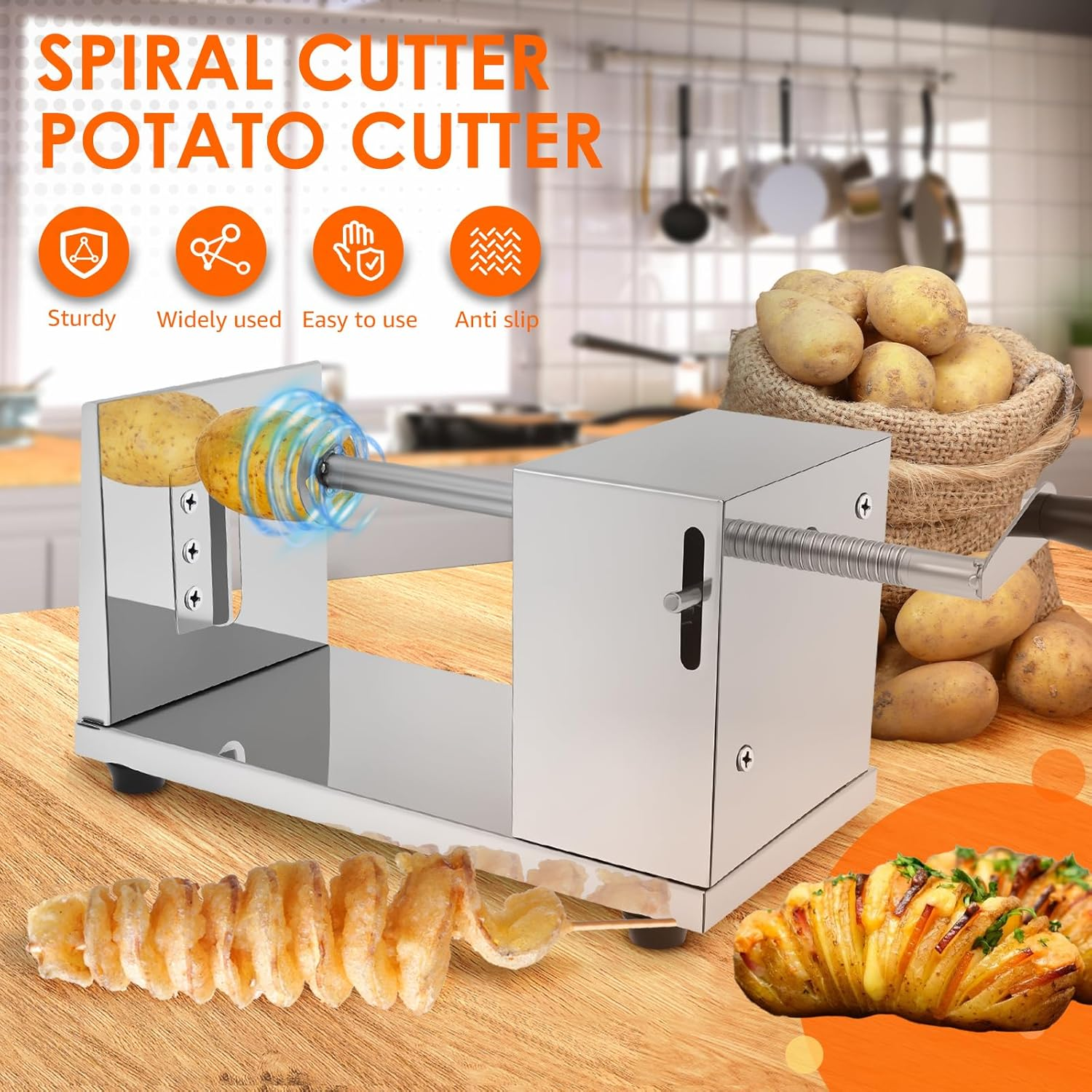 Twisted Potato Slicer Manual Spiral Potato Cutter Stainless Steel Tornado Potatoes Spiral Cutter Manual Spiral French Fries Cucumbers Carrots DIY BBQ Slicer (Silver) image number 5
