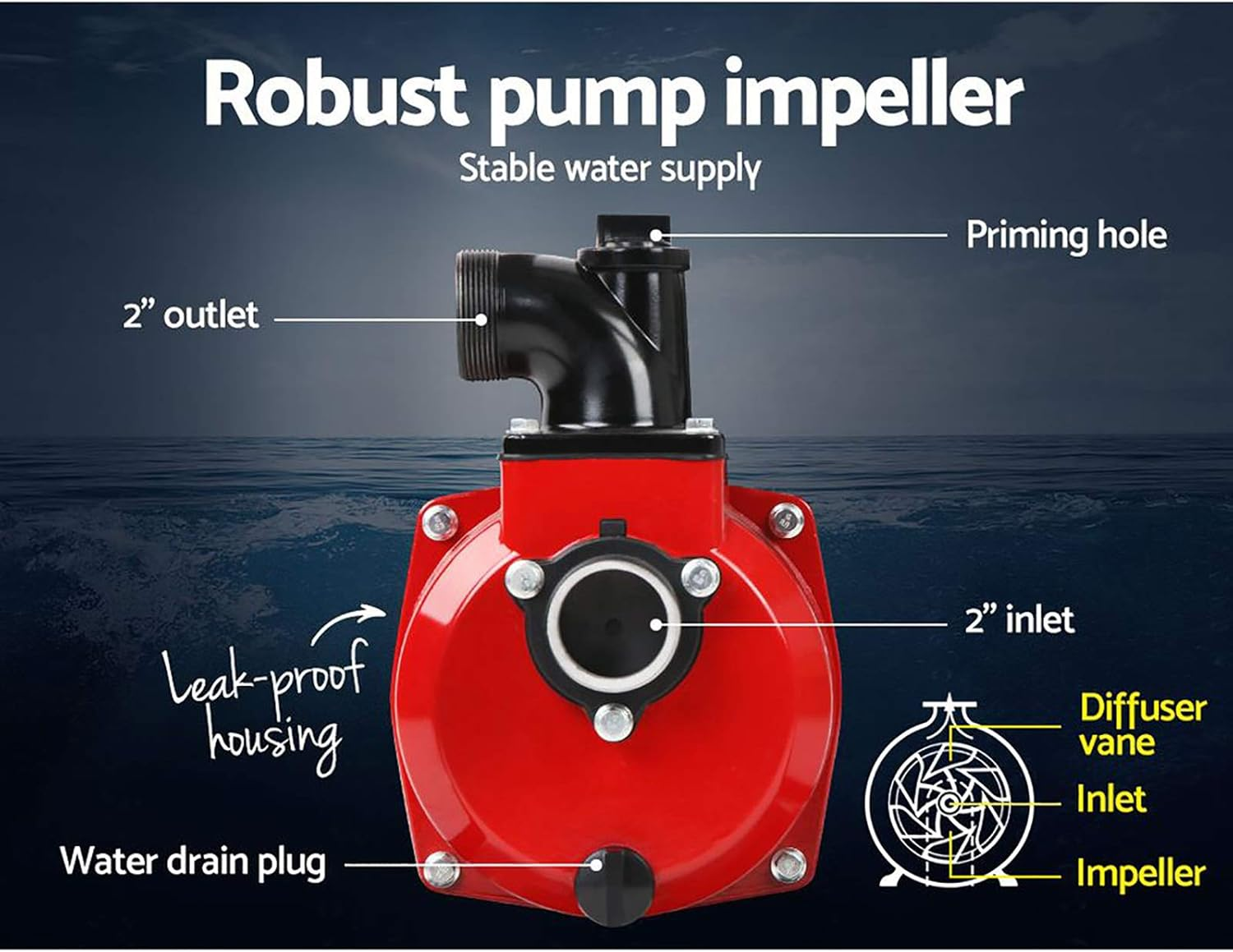 Giantz Petrol Water Pump, 2" High Flow Transfer Fire Fighting Pumps Rain Tank Oil Irrigation Garden Farm Pond Outdoor Irrigations, with Hose Fittings Inlet Filter Rubber Feet Black Red - 50M Lift image number 6