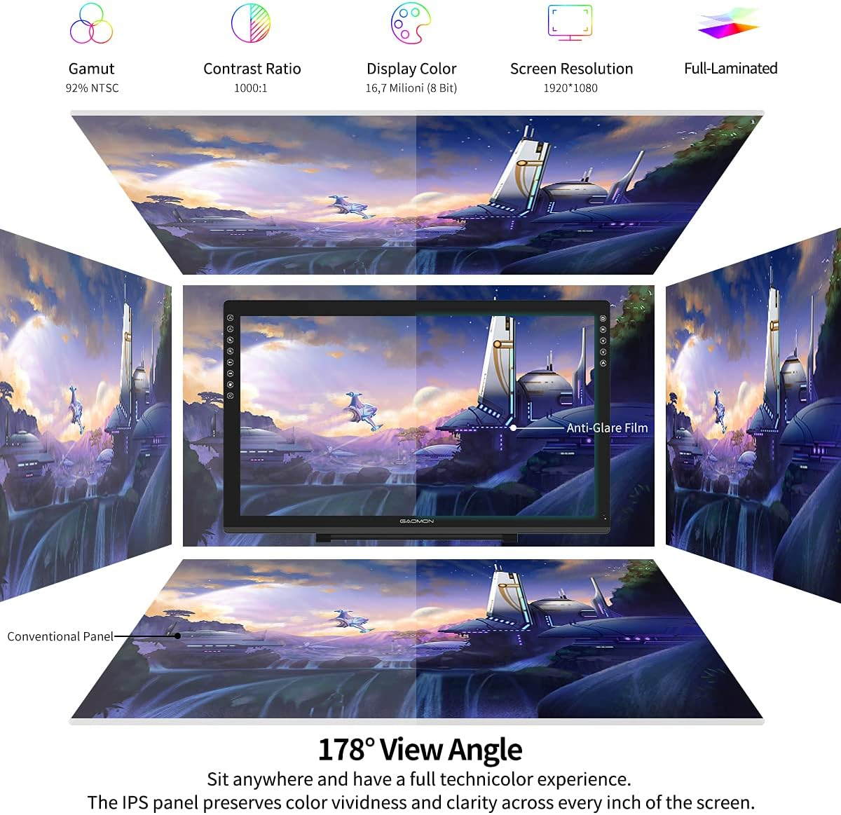 GAOMON PD2200 Drawing Tablet with Screen, Full-Laminated Digital Art Tablet with 8 Touch Buttons, Battery-Free Stylus, Tilt, 130% Srgb, 21.5 Inch Graphics Tablet with Stand for Mac, Windows PC image number 5