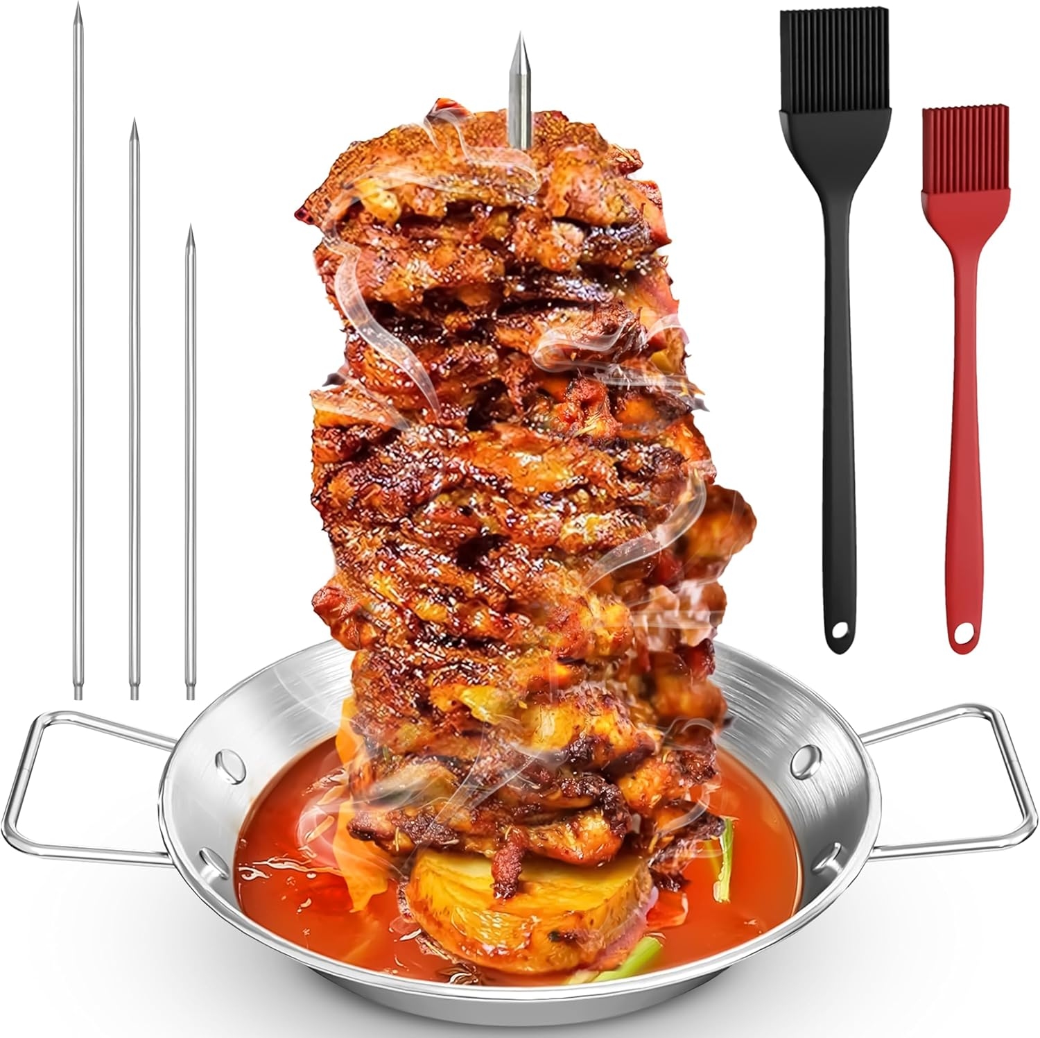 Stainless Steel Al Pastor Vertical Skewer Set for Grill &ndash; Brazilian Spit Stand with 3 Removable Skewers (8&rdquo;, 10&rdquo;, 12&rdquo;) & Brushes, Perfect for Tacos Al Pastor, Shawarma, Kebabs, Smoker, Oven, BBQ image number 3