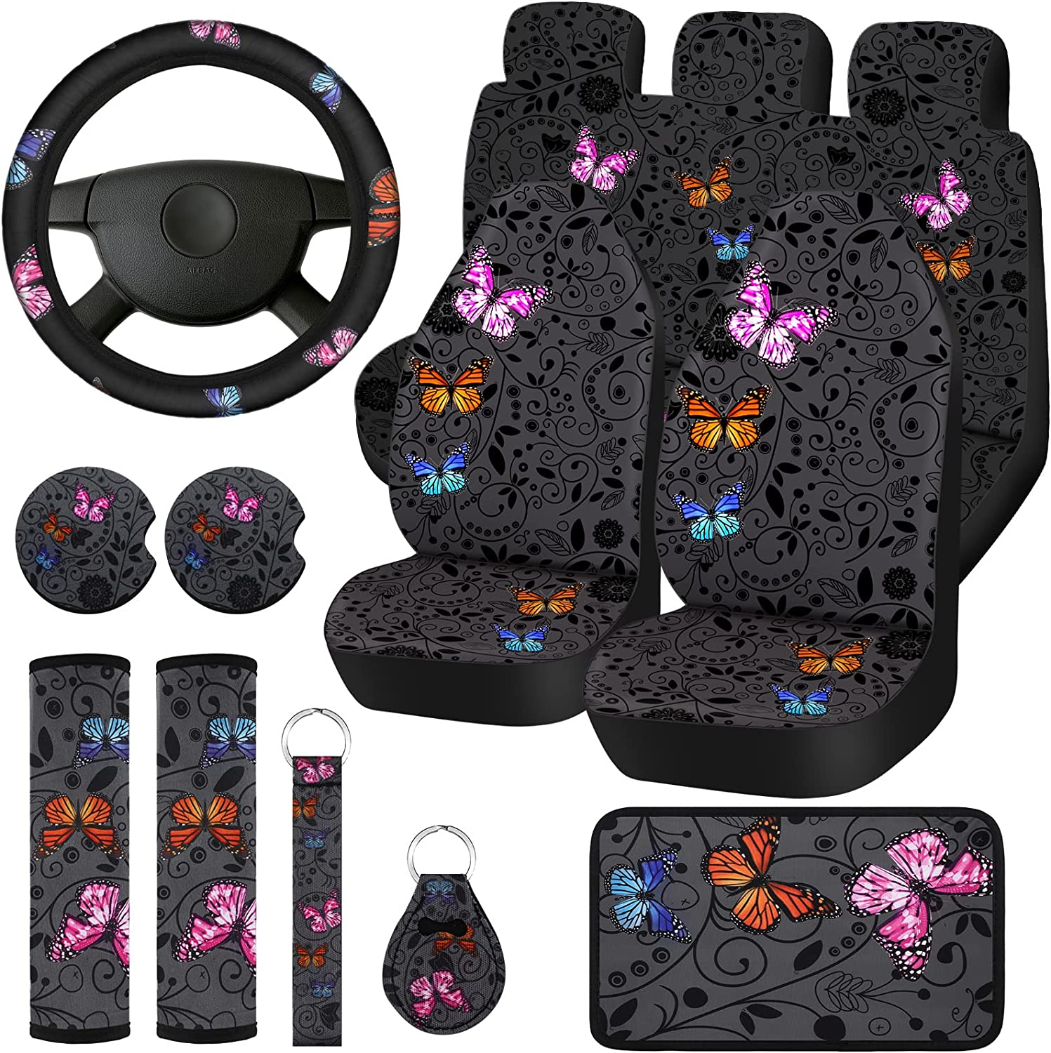 15 Pcs Butterfly Car Seat Covers Full Set Butterfly Front Rear Seat Covers Steering Wheel Cover Wrist Strap Coasters Armrest Shoulder Pads (Purple Glitter Butterfly Style)