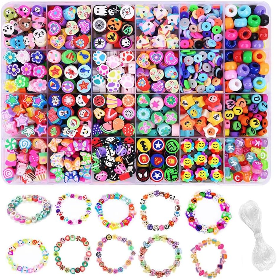 1000PCS Craft Beads Set, Colourful Polymer Beads with String, DIY Jewellery Making Kit