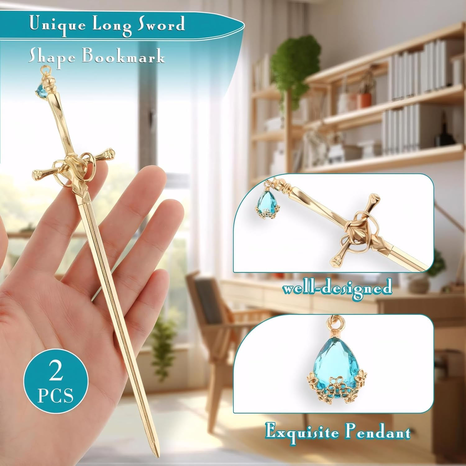 Metal Sword Bookmarks - Premium Stainless Steel Bookmark with Glass Pendant, Vintage Dual-Tone Gift Set (2 Pack) image number 5