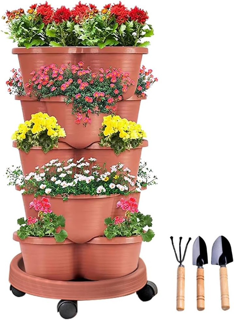 5 Tier Vertical Garden Strawberry Stackable Planters Herbs Petunias Pancy, Vegetable Planter Indoor Outdoor Gardening Pots with Removable Wheels and Tools (White)