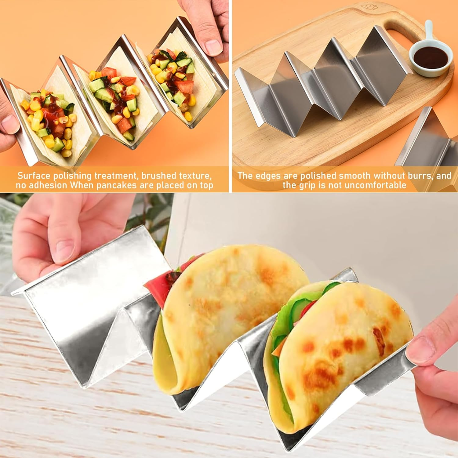 4 Pcs Taco Holder Stand Wave Stainless Steel Taco Shell Holder Stand with Handles Double Sided Use Taco Holder Stand Holds up to 3 Tacos Multifunctional Taco Tray Holder for Restaurant and Home