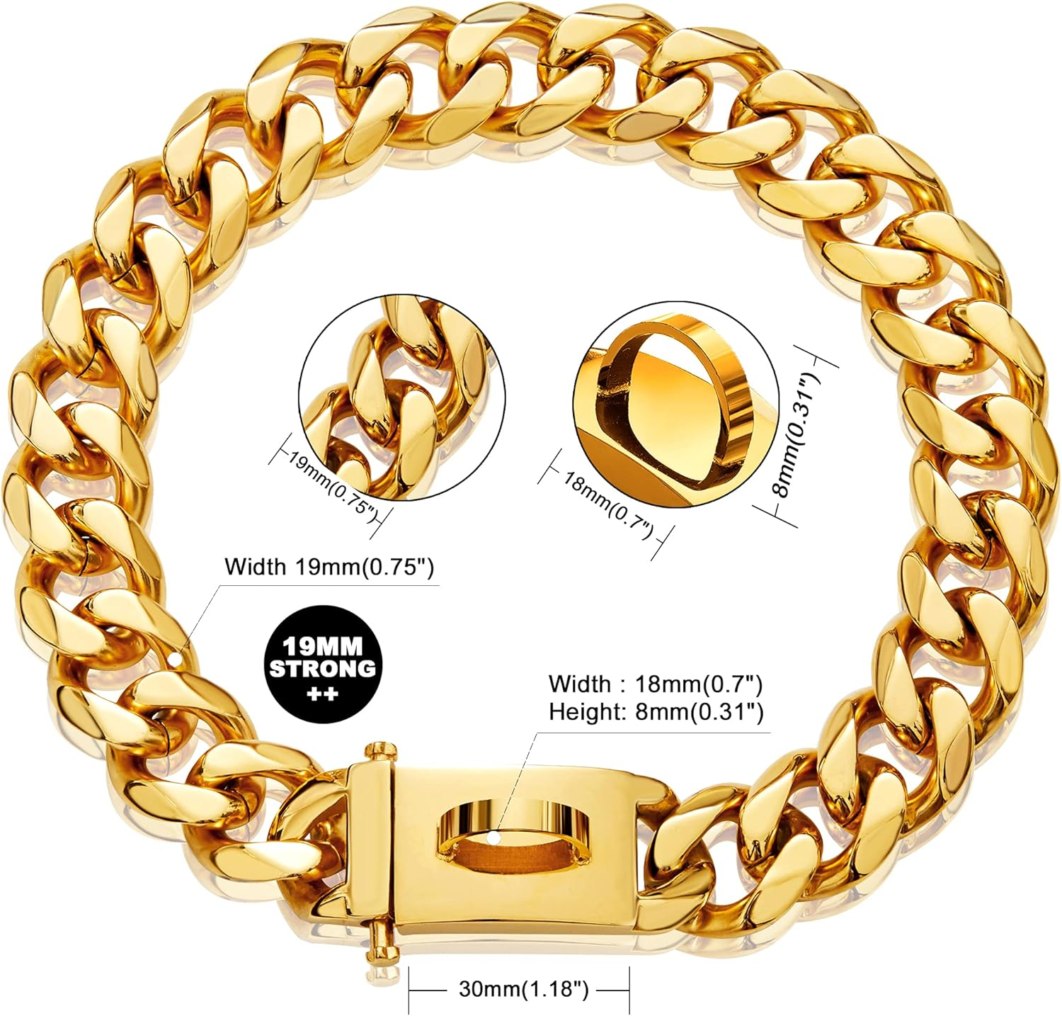 W/W Lifetime Gold Dog Chain Collar Walking Metal Chain Collar with Design Secure Buckle,18K Cuban Link Strong Heavy Duty Chew Proof for Medium Dogs American Pitbull German Shepherd(19Mm, 14") image number 4