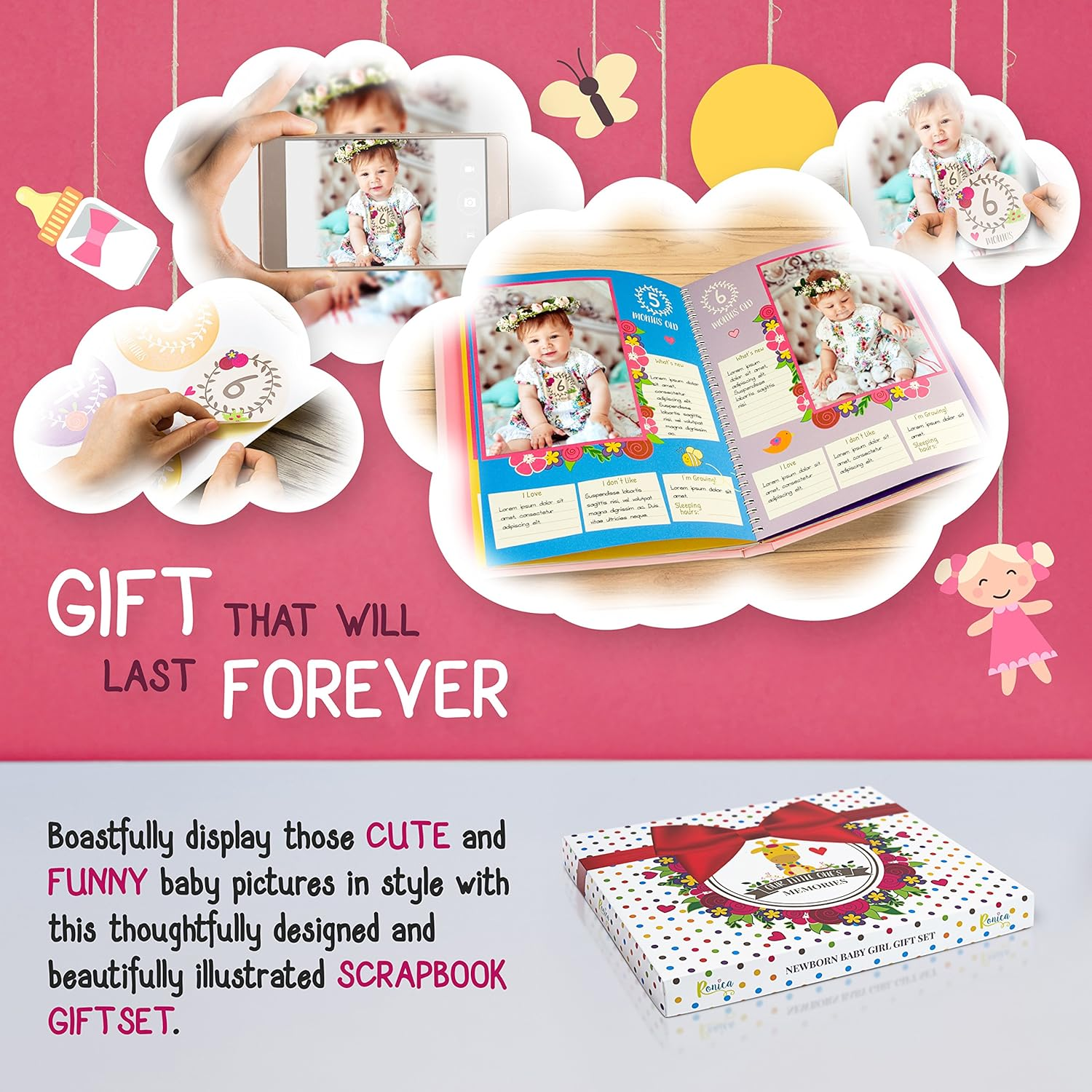 Ronica Baby Girl Gift Set with Baby Memory Book and Monthly Stickers Modern Photo Journal Keepsake Album for Girls First 5 Years Shower Gift Idea for Mom Dad or Grandparents image number 4