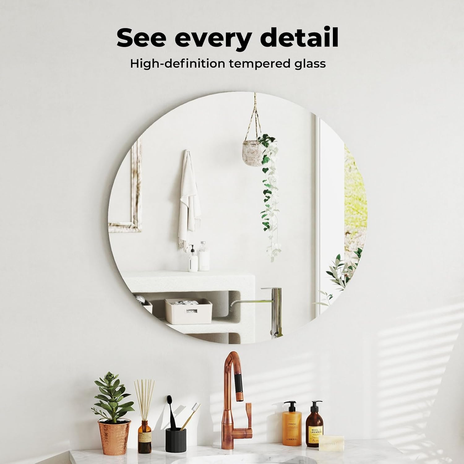 Levede Wall Mirror Frameless 50X50Cm Round, Explosion-Proof Bathroom Mirror with Dovetail Hook,3.5Mm Tempered Glass, HD Reflection,Safe Design,For Bedroom, Living Room, Entryway, Modern Home Decor image number 4