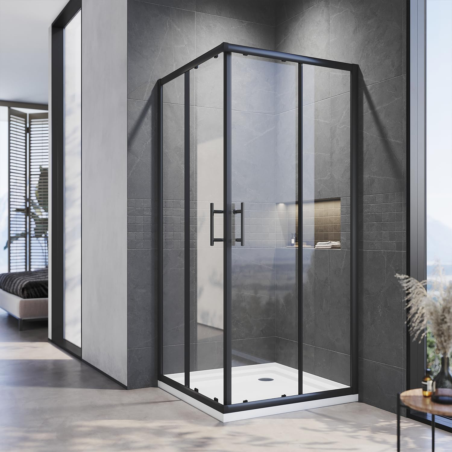 ELEGANT Shower Enclosure Corner Black,Sliding Door Bathroom Screen 900X900Mm with 5Mm Tempered Glass,1900Mm Height