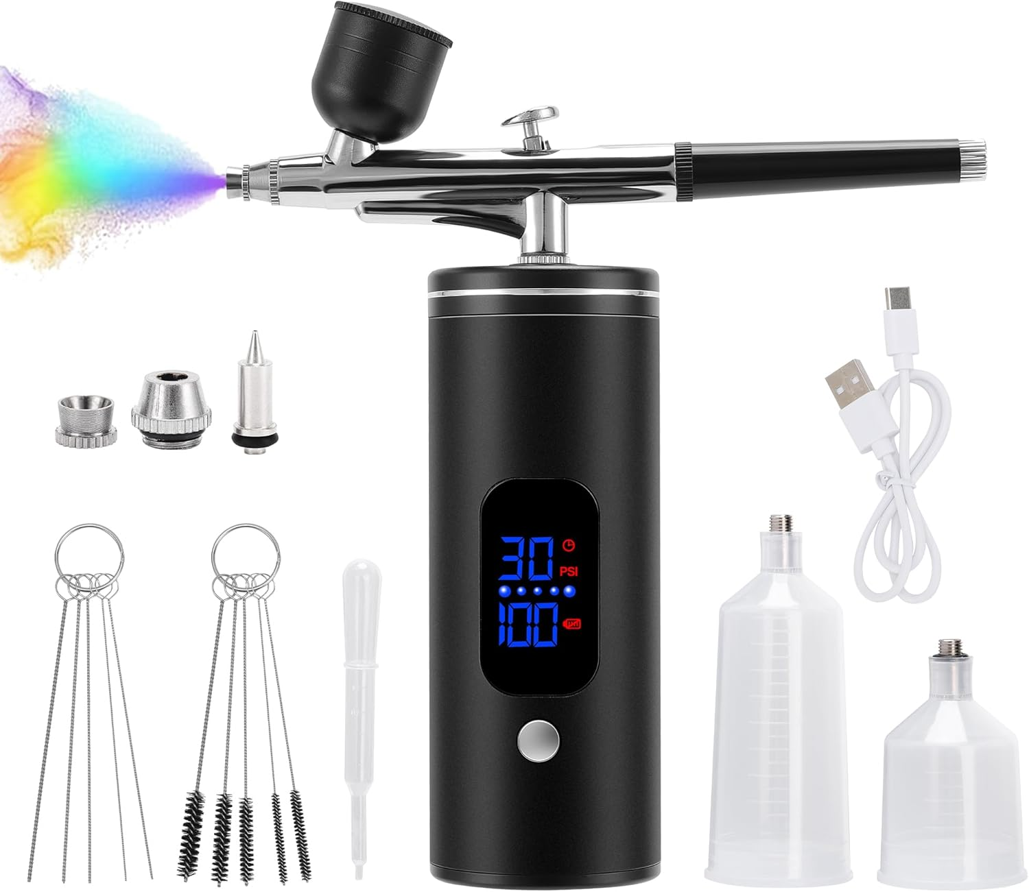 MEKOTRIN Cordless Airbrush Kit, Rechargeable Air Brush Gun Kit with LCD Display, High Pressure Air Brushes with 0.3Mm Nozzle and Cleaning Set for Painting, Tattoos, Makeup, Cake Decorating image number 5