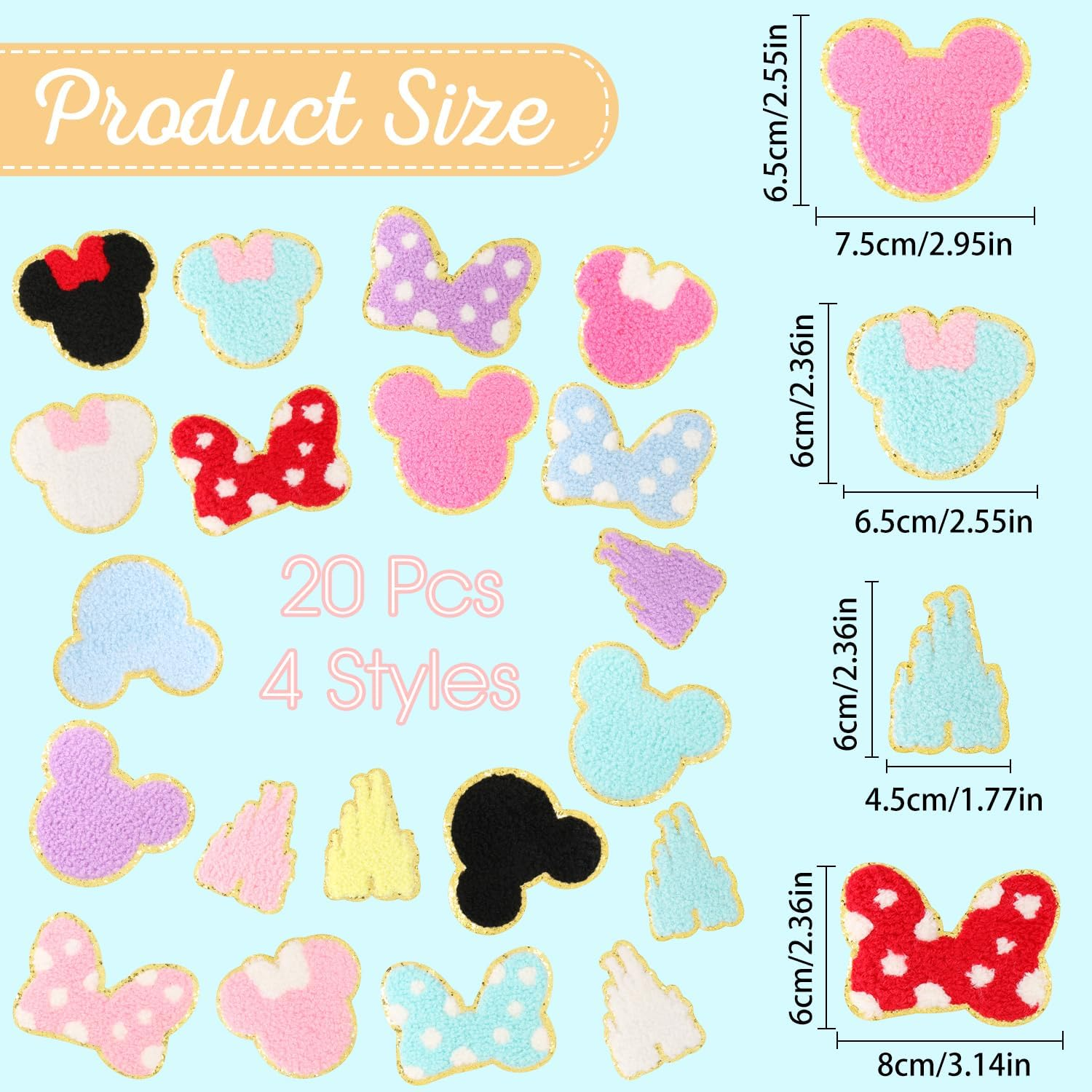 CCOZN 20 PCS Chenille Mouse Head Iron on Patches, Colorful Chenille Castle Bowknot Mouse Embroidered Patches Sew on Embroidered Applique DIY Accessory for Clothing Hats Jackets Backpack Pants image number 3