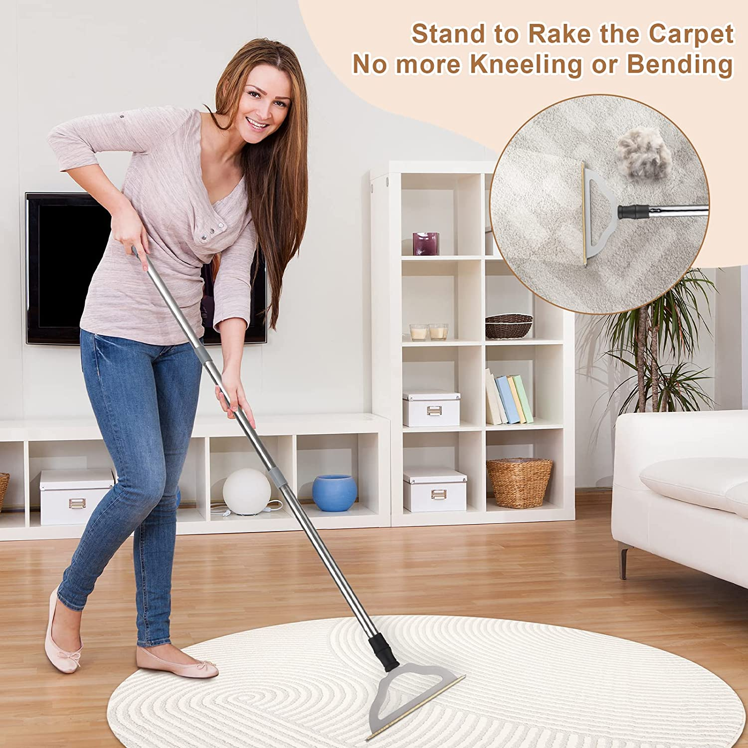 Hold a Star 47'' Long Handle Carpet Rake Pet Hair Remover,Reusable Large Metal Lint Remover Brush for Embedded Fur Removal from Low Pile Rugs Stairs,Carpet Scraper Dog Cat Broom,Silver,(Hs-L008)