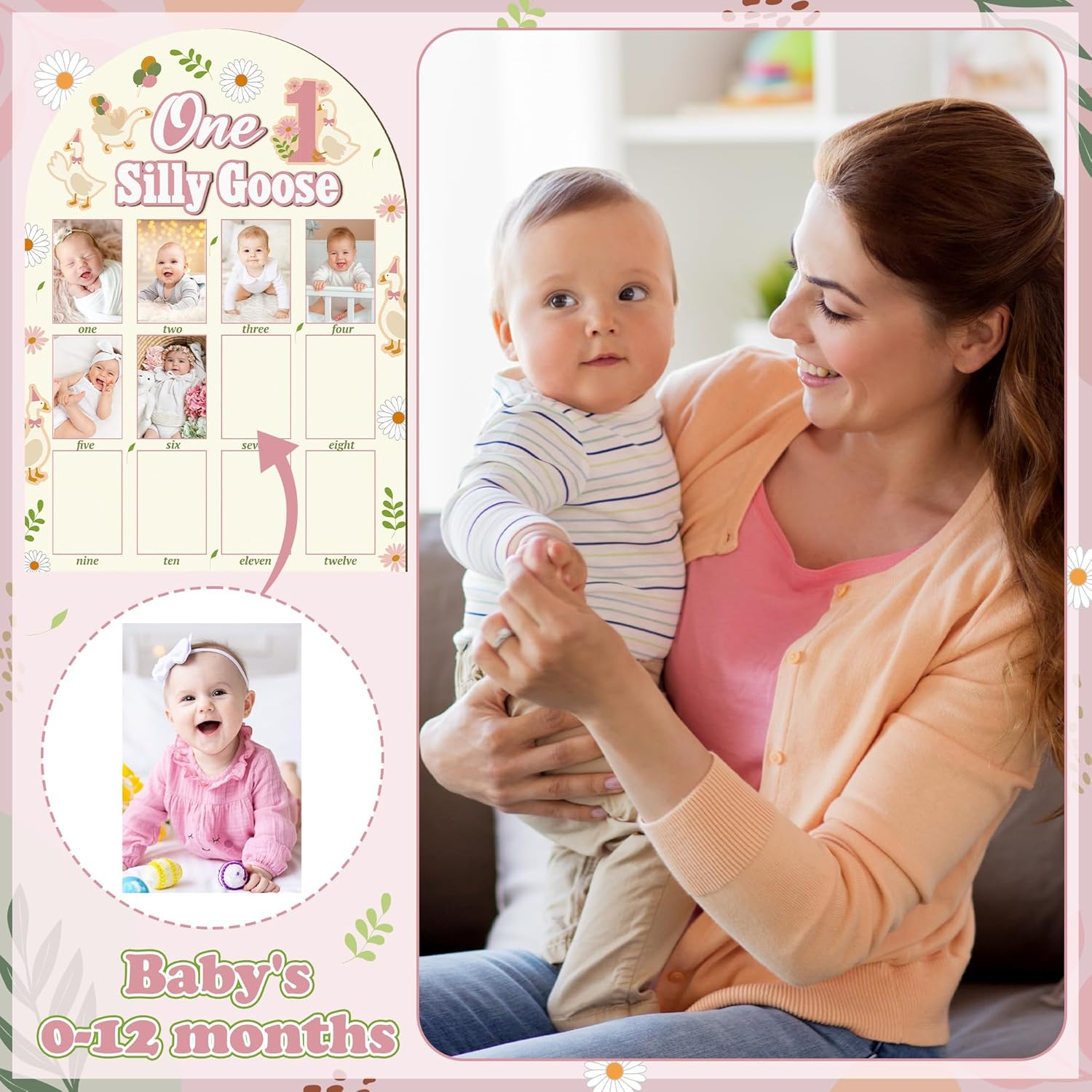 R HORSE My First Year Photo Frame Board, 3D One Silly Goose Birthday Decorations Display Wood Board, Baby First Year Picture Frame 12 Months Milestone 1St Birthday Nursery Decor Gift for Boy Girl image number 5