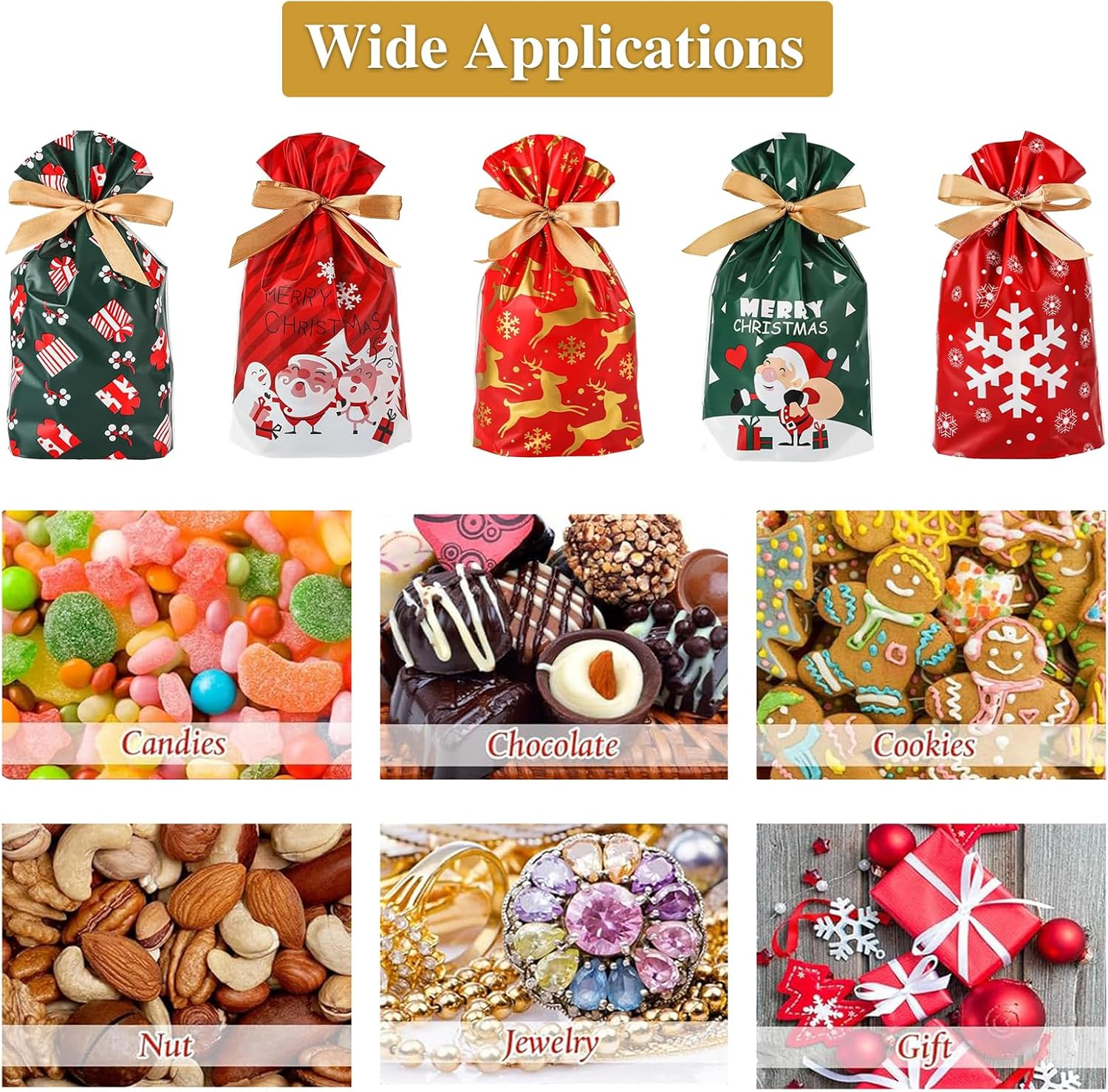 YQQZQ 50 Pcs Christmas Treat Bags,6X9 Inch 5 Assorted Classical Christmas Theme Drawstring Holiday Goodie Bags for Party Favor, Stand up Xmas Candy Bag image number 3