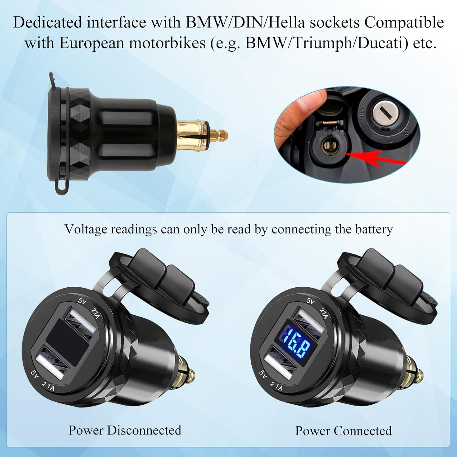 DIN Hella Plug to USB Adapter, Motorcycle Charger with Voltmeter Display, Aluminium USB Socket Waterproof Cigarette Lighter Charger for 12V-24V Ducati, Triumph, BMW image number 4