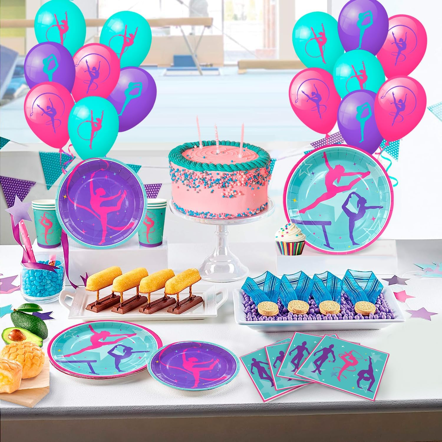 Gymnastics Birthday Party Supplies, Gymnastics Party Decorations Tableware Kit Gymnastics Plates and Napkins Cups Tablecloth Balloons Banner Etc Gymnastics Decorations for Birthday Party, 16 Guests