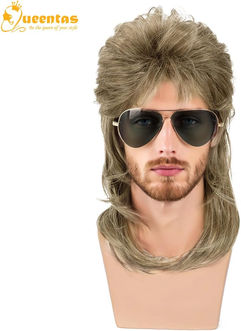 QUEENTAS Dirty Blonde Mullet Wigs for Men 13 Inch Heat Resistant Synthetic Curly Hair for 80S Costumes Fancy Party Accessory Cosplay image number 6