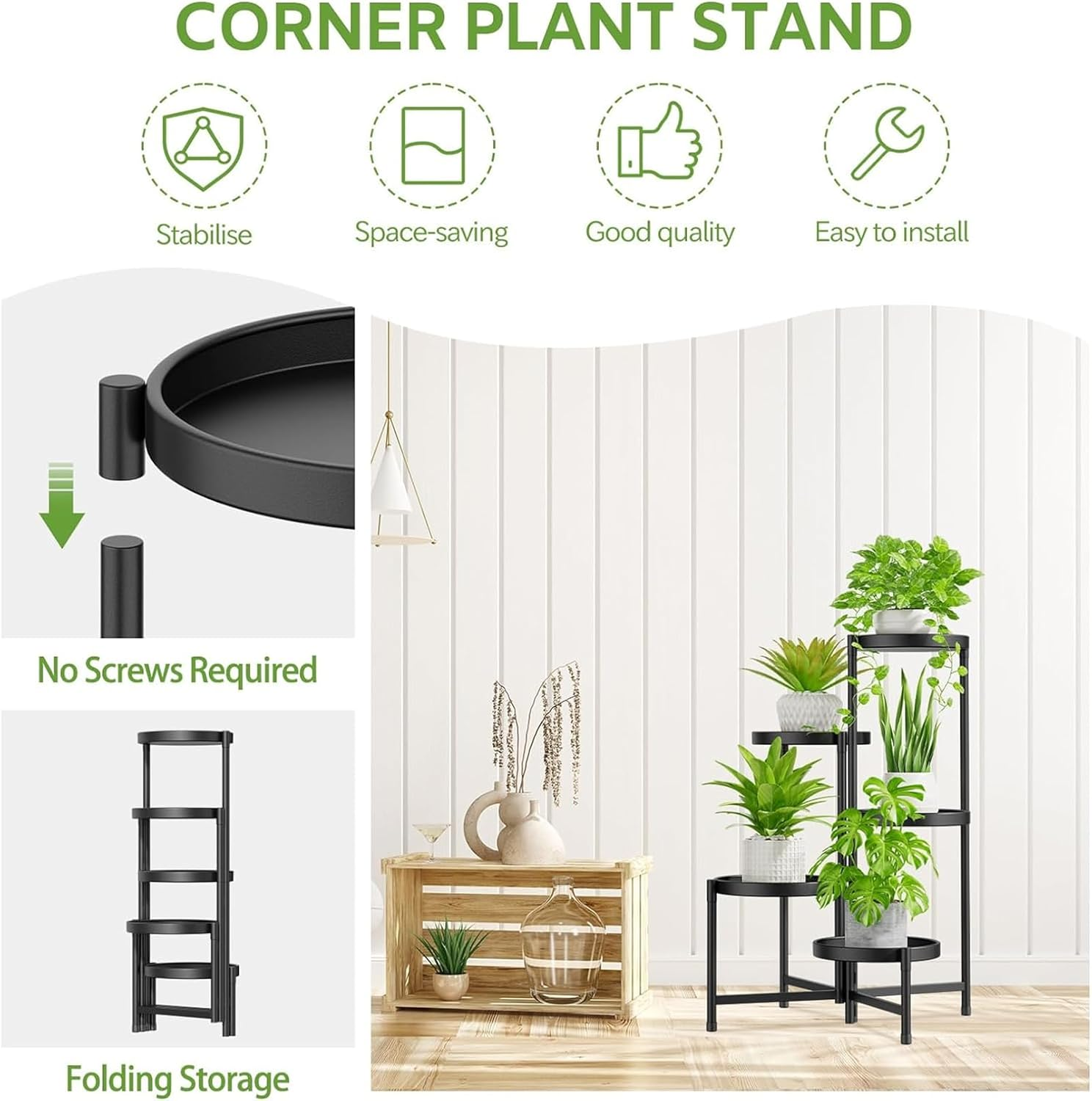 Yamibobo 5 Tier Black Iron Plant Stand for Indoor Outdoor, Foldable Corner Tall Plant Shelf, Flower Pot Holder Display Stand for Living Room Balcony Garden Patio