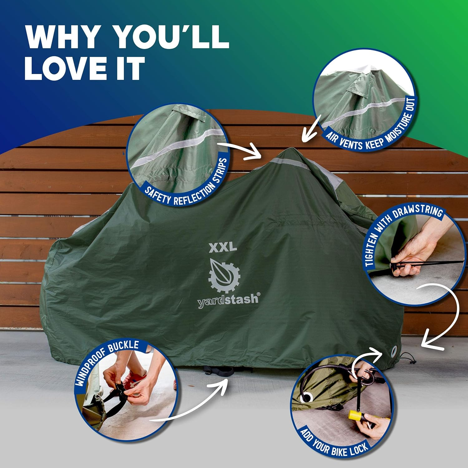 Yardstash Bike Cover &ndash; XXL Reflective Bicycle Covers for outside Storage - Waterproof & Weatherproof Garden Tarp Shelters for Bikes, Trikes, 29Ers, and Electric Bicycles &ndash; Green image number 5