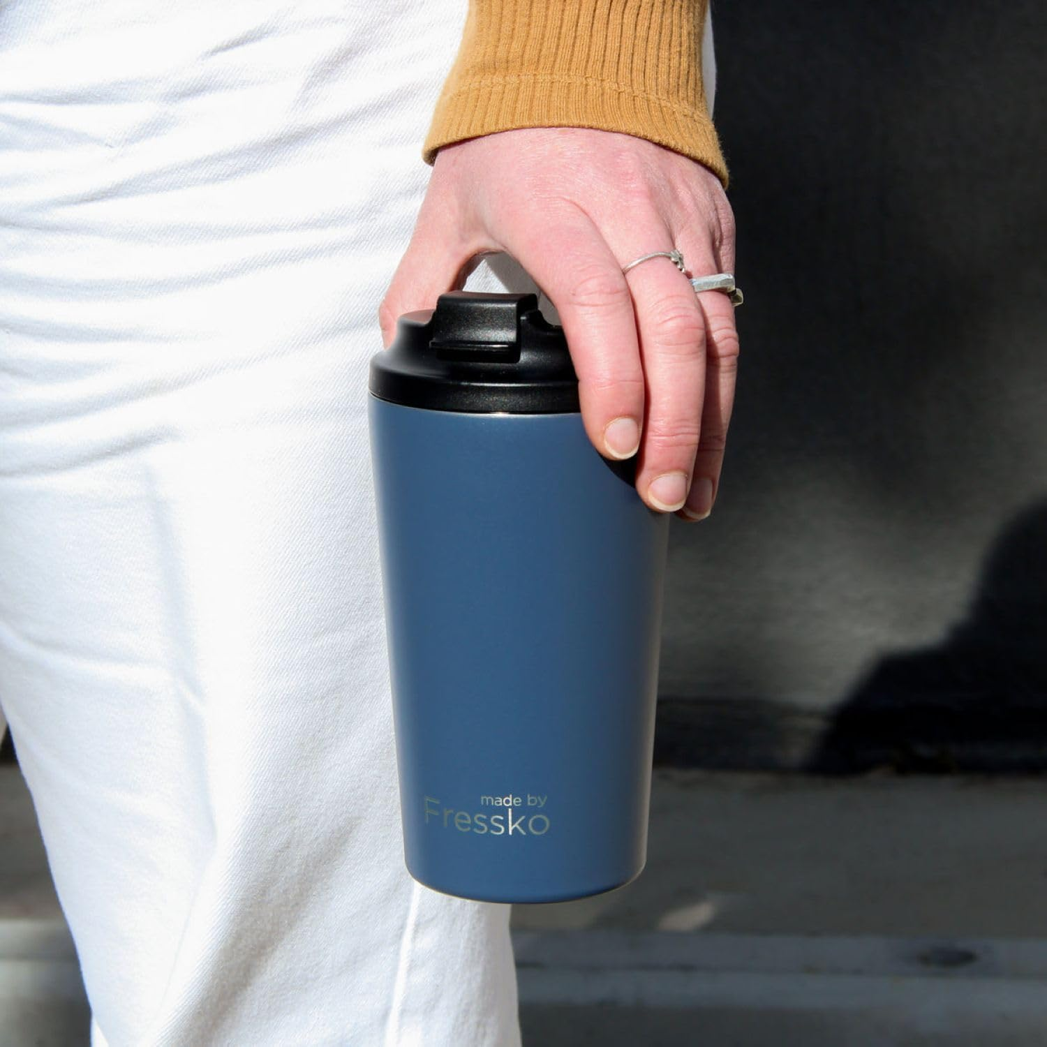 Made by Fressko Reusable Coffee Cup - Stainless Steel Insulated Mug - Leak Proof Travel Cup for Hot/Cold Drinks - 3 Hr Heat Retention - Fits Car Holders & Coffee Machines - Denim - 16Oz 450Ml image number 3