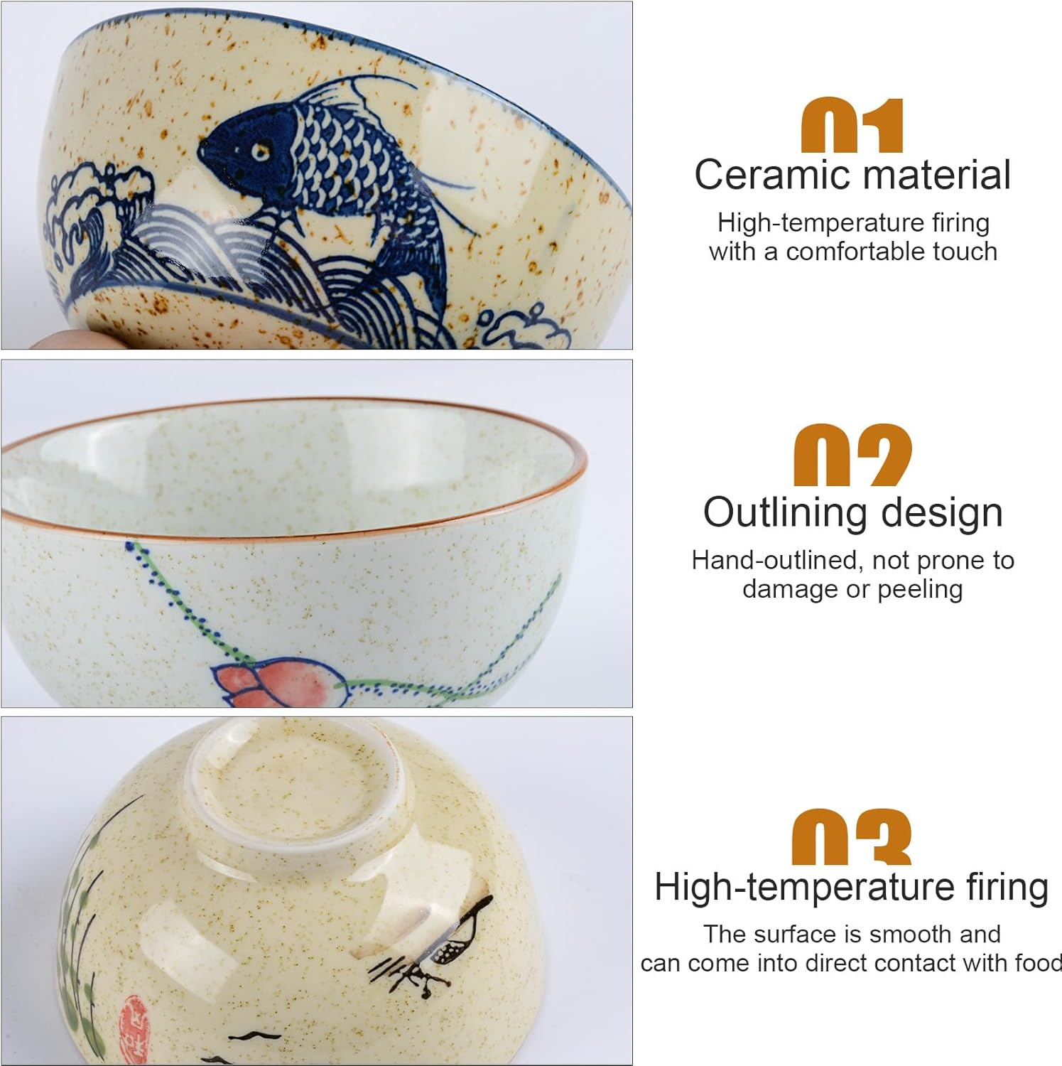 Ceramic Soup Rice Bowl 4.5 Inch Set of 4 Vintage Japanese Creative Hand Painted Floral Ceramic Soup Bowls 10 Ounce Ramen Bowl Set Noodle Bowl Microwave Dishwasher Safe image number 1
