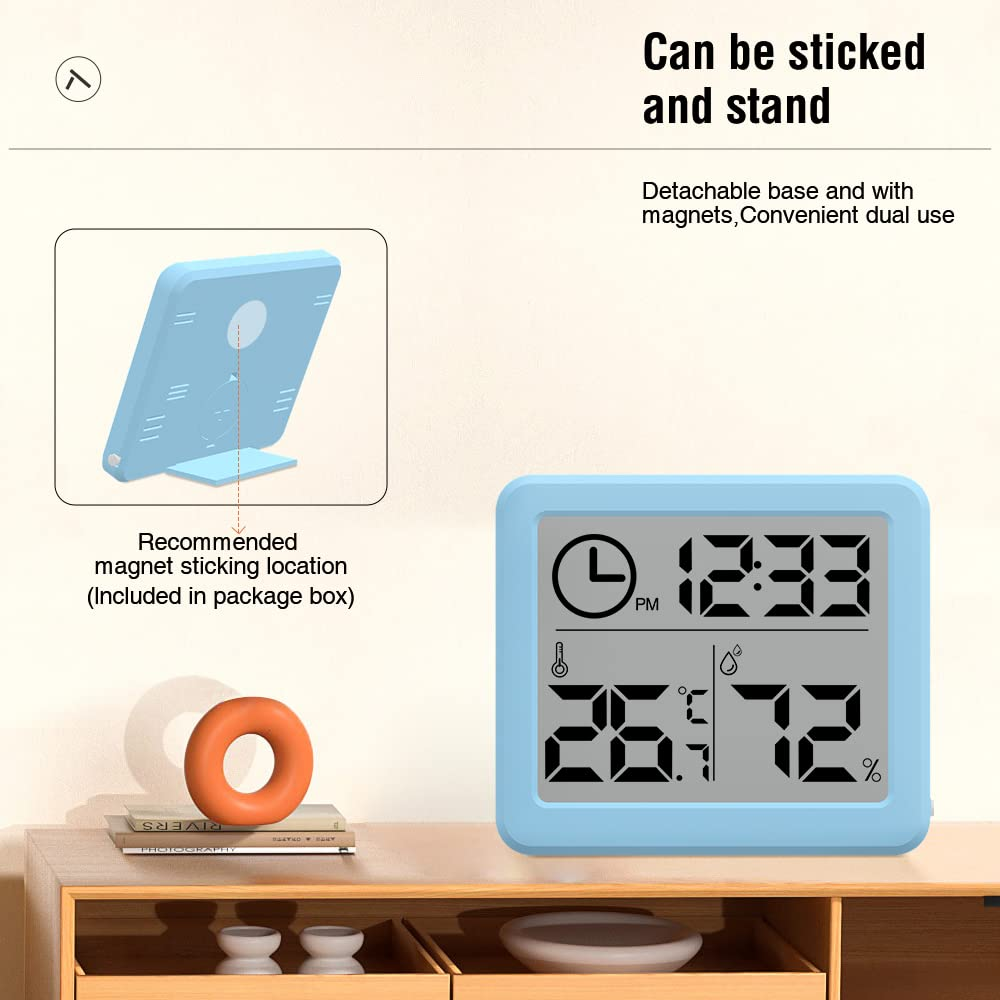 [2 Pack] 3.2 Inch Digital Indoor Hygrometer Thermometer, Room Thermometer Humidity Gauge with Time Clock, High Accuracy Temperature Humidity Monitor with Magnet for Home Office Greenhouse, Blue image number 3