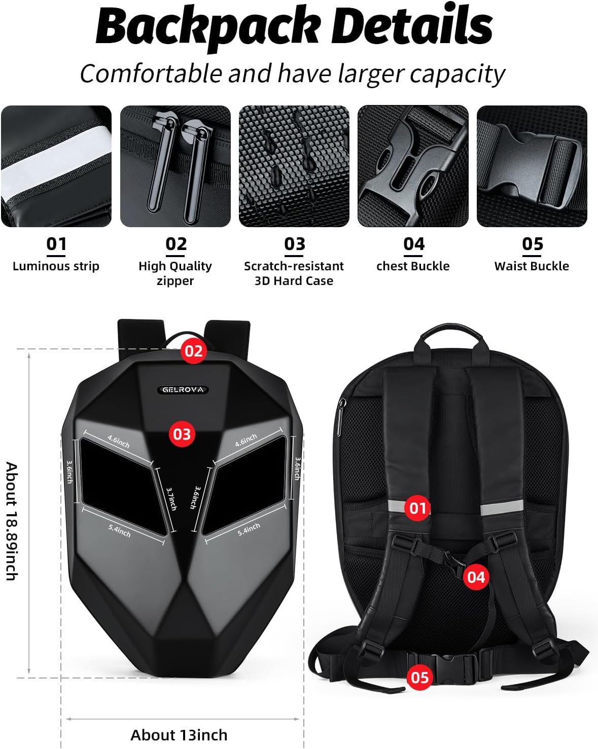 Gelrova Knight LED Motorcycle Backpack, Hard Case Riding Backpack DIY Motorbike Luggage Laptop Bag Waterproof, 19Inch image number 1