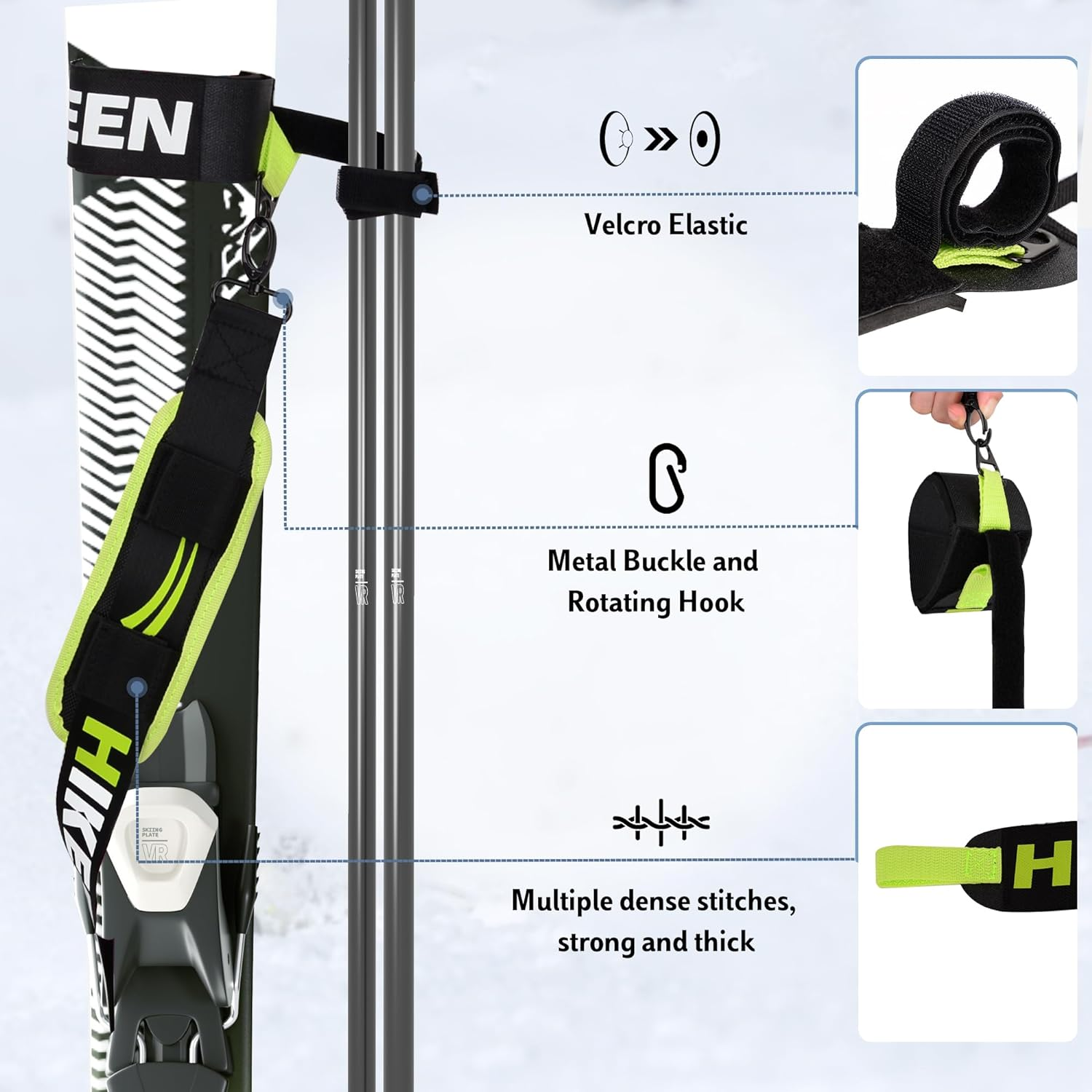 BOOSTEADY Ski Srap & Pole Carrier,Poles and Boot Downhill Skis Carrier Straps with Adjustable Anti-Slip Shoulder Slings & Metal Buckle and Swivel Hook for Men Women Kids image number 3