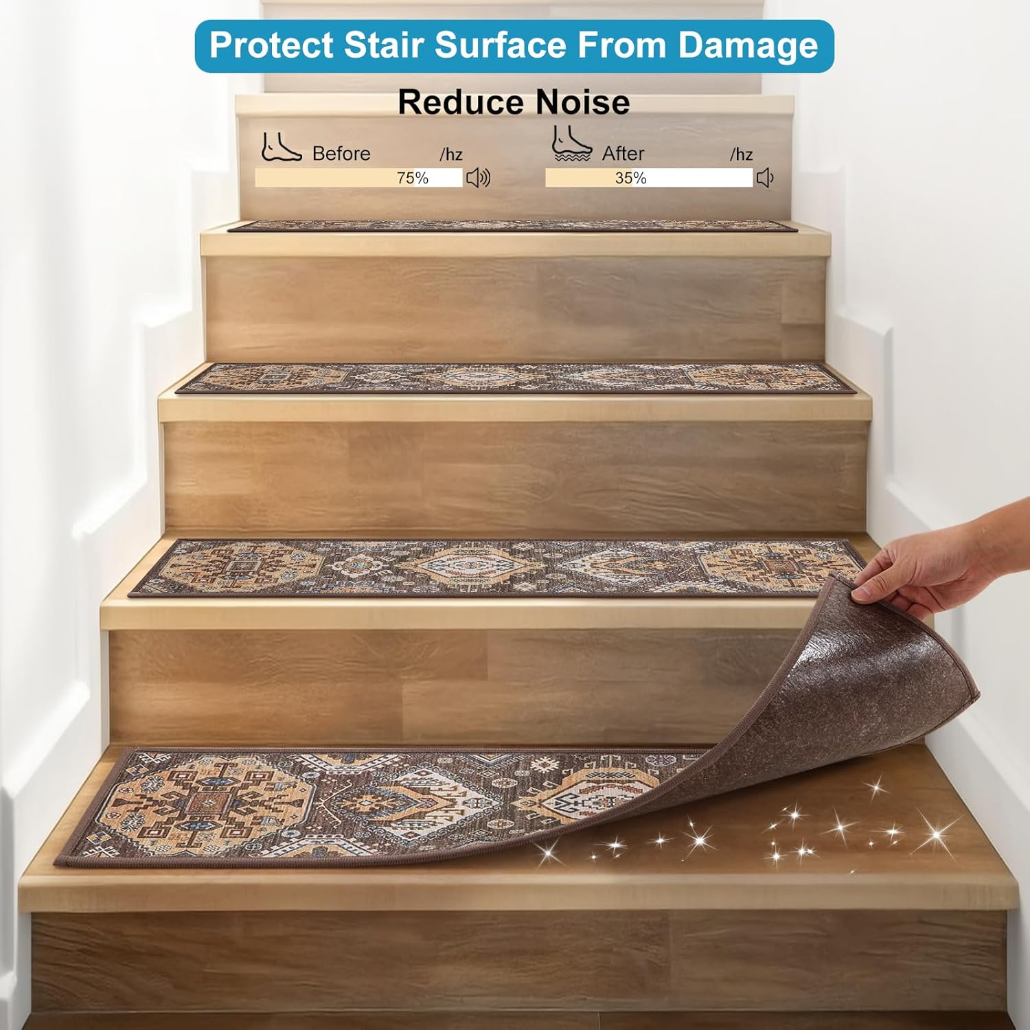 Non-Slip Carpet Stair Treads for Wooden Steps Indoor Set of 15 Pack 8" X 30" Peel and Stick Reusable Staircase Stair Runners Rugs, Soft Safety for Dogs, Kids & Elders, Stairway Grip, Brown image number 3