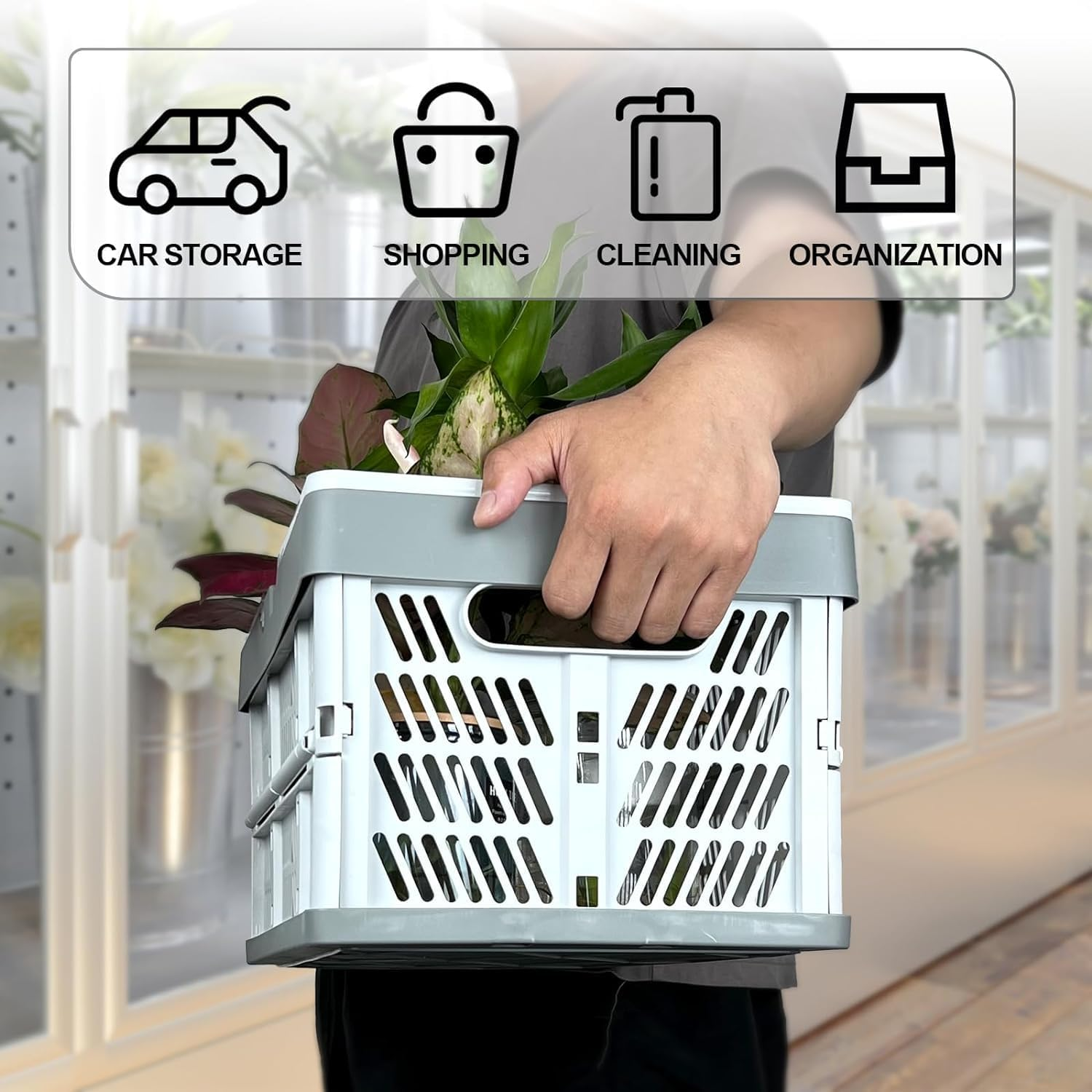 Plastic Basket with Handle, 15-Liter Folding Pastel Crates for Organizing and Storag Plastic Grocery Shopping Baskets Stackable Storage Bins for Kitchen Living-Room Desktop Shelf Organing,Grey