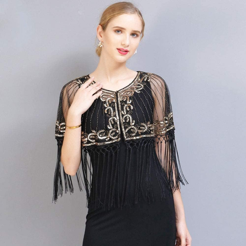 Fringed Bridal Evening Cape Beaded Sequin Deco 1920S Wraps Shawl Capelet Bolero Flapper Cover Up - Black-Blue image number 2