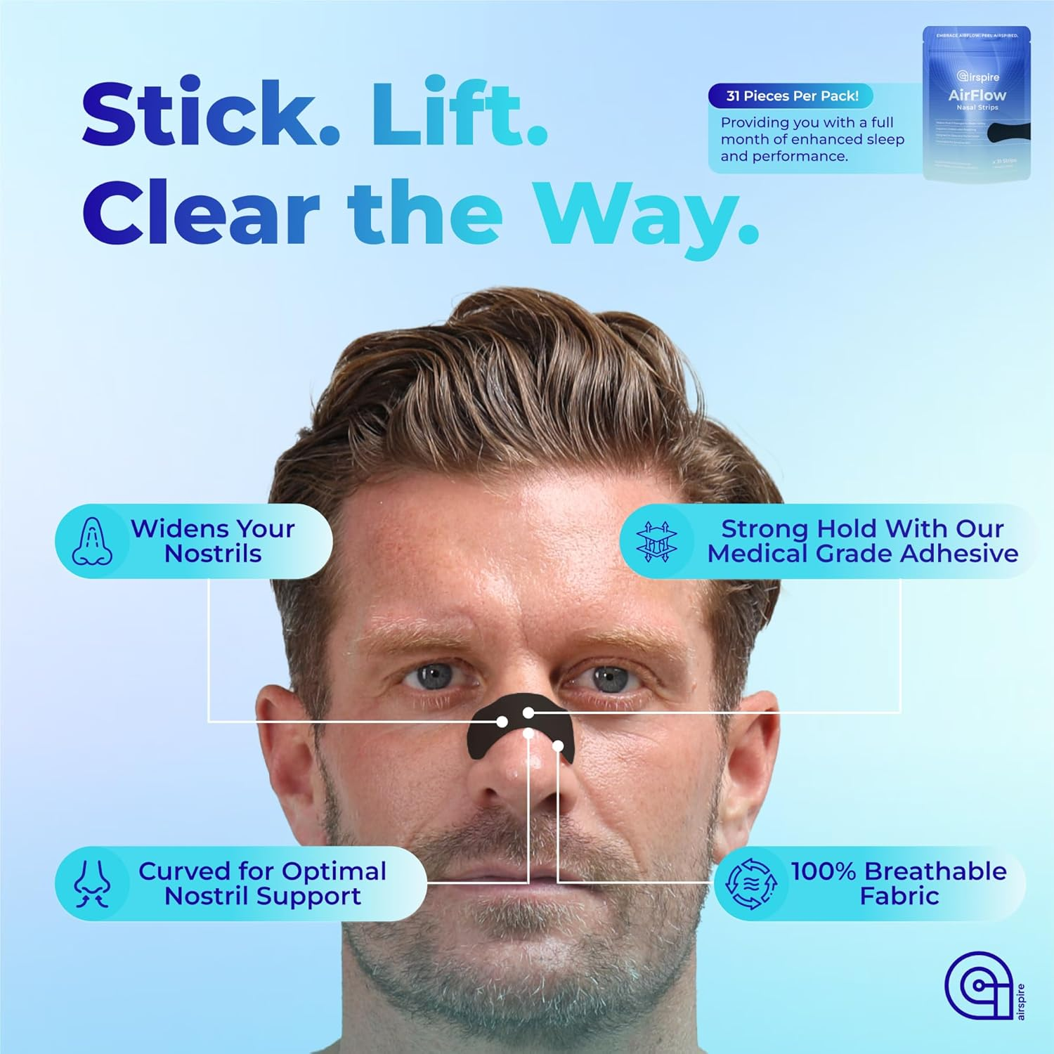 Airspire Airflow Nasal Strips - 31-Pack | Nose Strips for Sleeping & Active Lifestyles | Improve Airflow with Extra-Strength Adhesive & Contoured Design | 100% Hypoallergenic Snoring Relief & Congestion Support | Black | image number 5