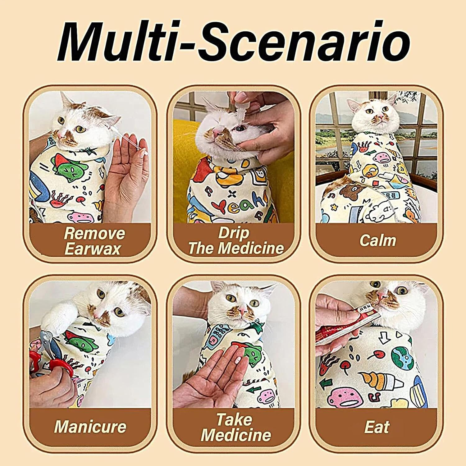 Cat Grooming Wrap - Kitten Swaddle Wrap Self-Adhesive - Small to Large Animals Anti-Bite Calming Bag for Feeding Ear Cleaning Coat Care Manicure