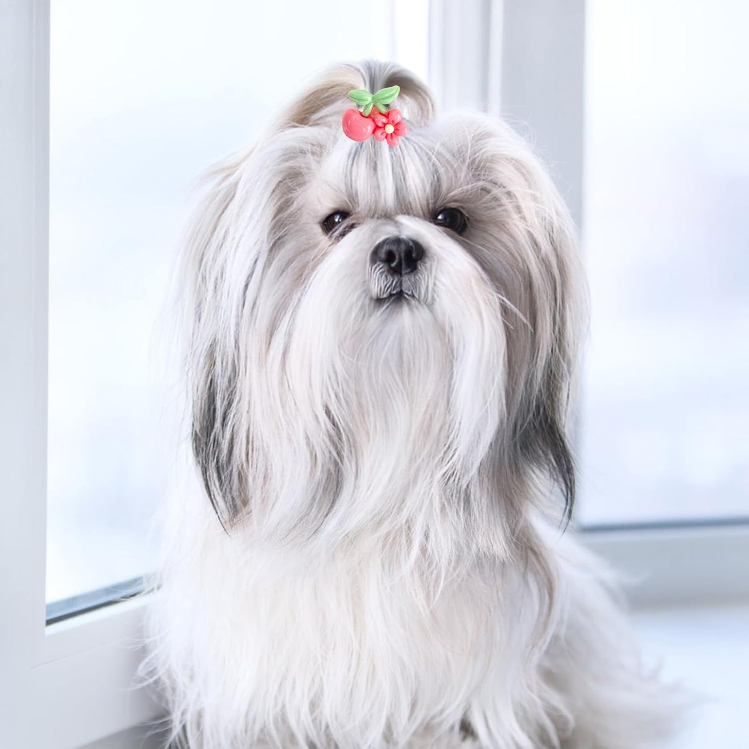 Lasuroa 20Pcs Dog Hair Bows with Rubber Bands, Pink Flower Bowknot Cherry Mix Style Cute Puppy Hair Accessories for Small Dogs Girl Hairties for Grooming and Daily Styling image number 6